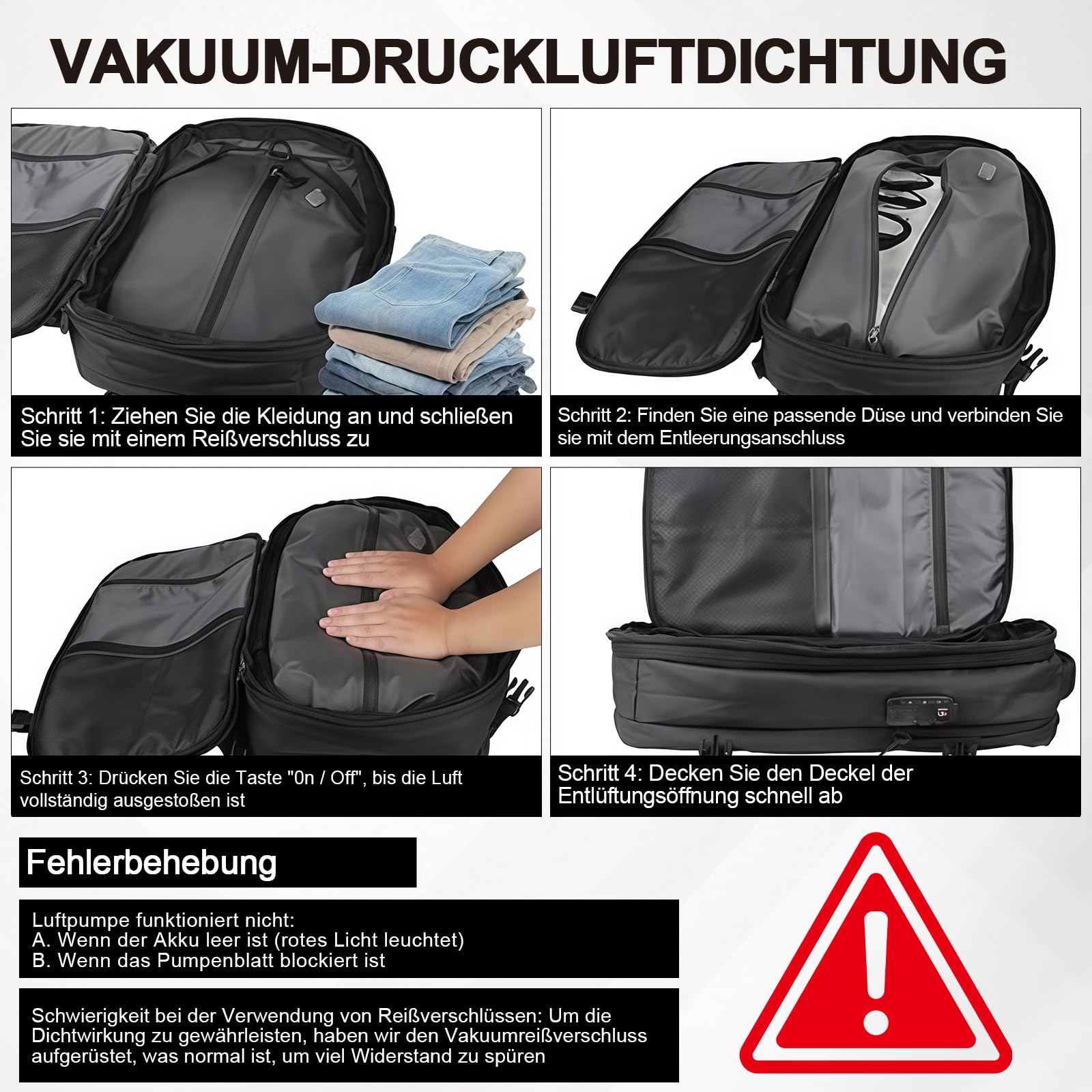 Vakuum-Reiserucksack mit Vakuumpumpe, erweiterbarer Kompressionsrucksack, Fluggesellschaft-Tasche mit 180° Öffnung, Trockentrennung, Vakuumkoffer für Geschäftsreisen