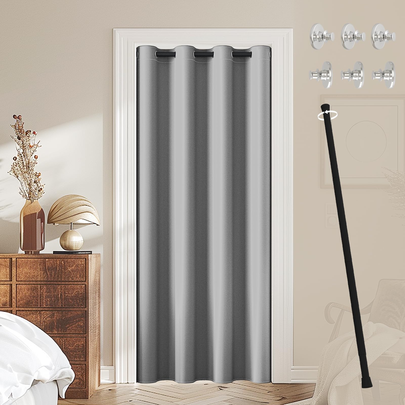 JCyh Cortina Puerta con Barra Extensible y Botón Magnético, Cortinas Termicas Aislantes Frio y Calor Ojales,1 Pieza Cortina Opacas para Salón, Cortina Cocina Puerta, Gris Plata