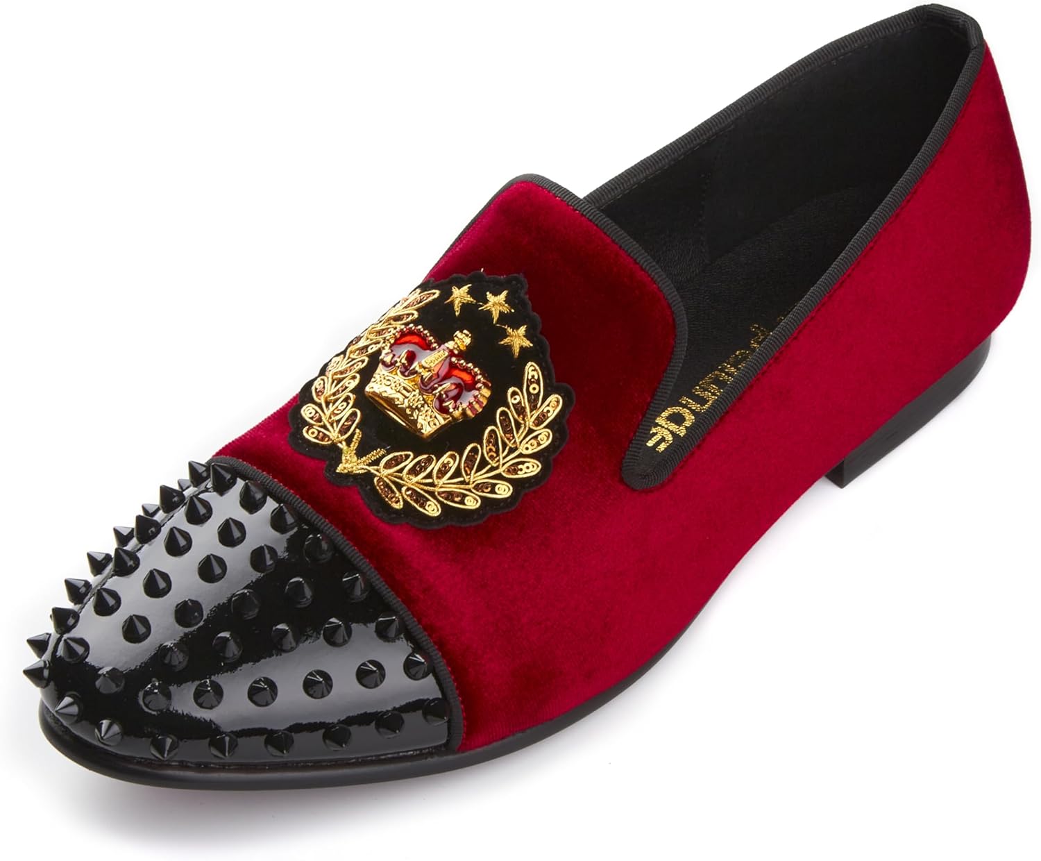 Harpelunde Slip On Men Wedding Dress Shoes Crown Badge Velvet Loafers Spikes Cap Toe Tuxedo Slippers