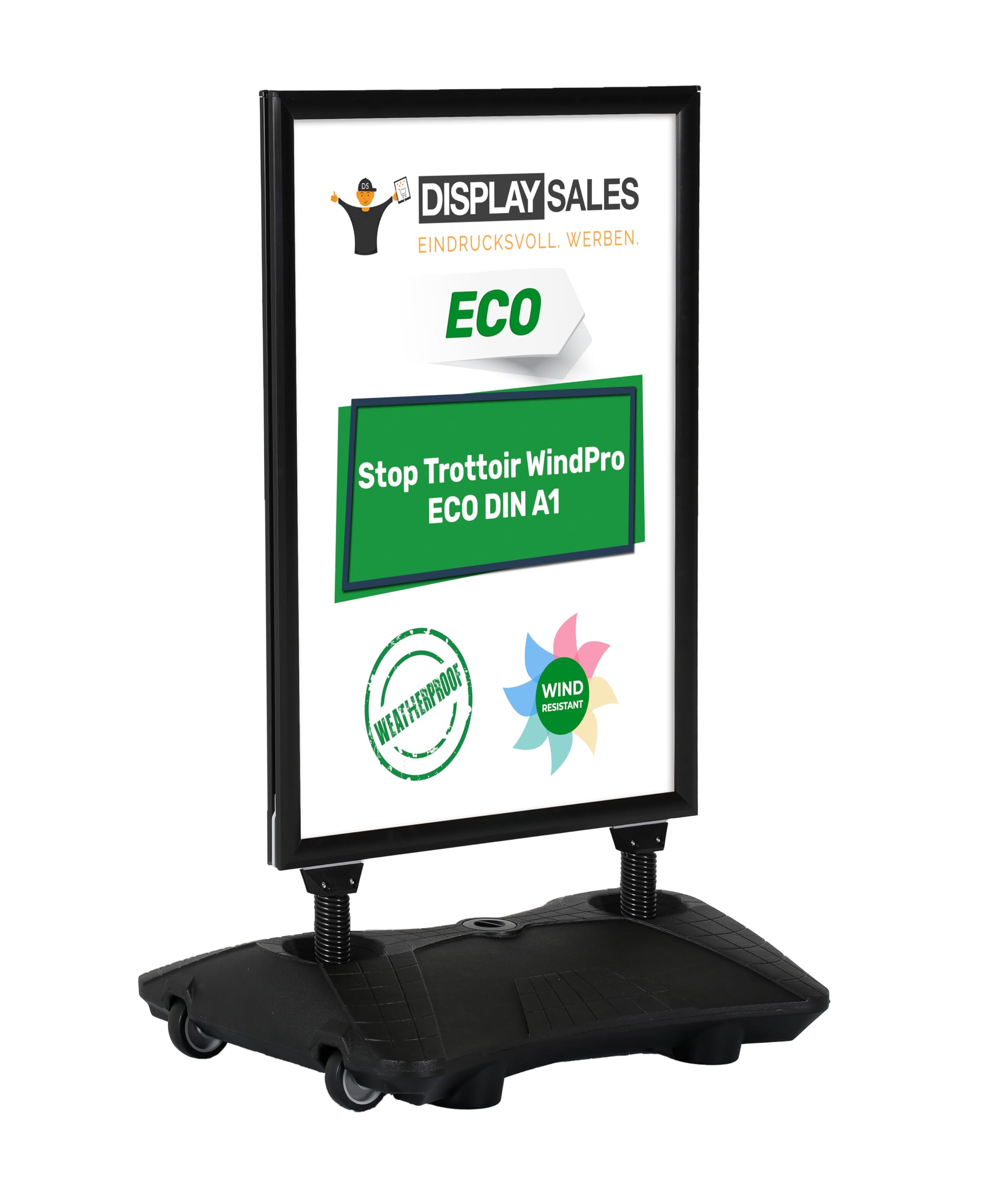 Stop trottoir extérieur WindPro® ECO | Chevalet trottoir au format DIN A1 | Panneau publicitaire extérieur A1 noir | Utilisable des deux côtés pour 2 affiche