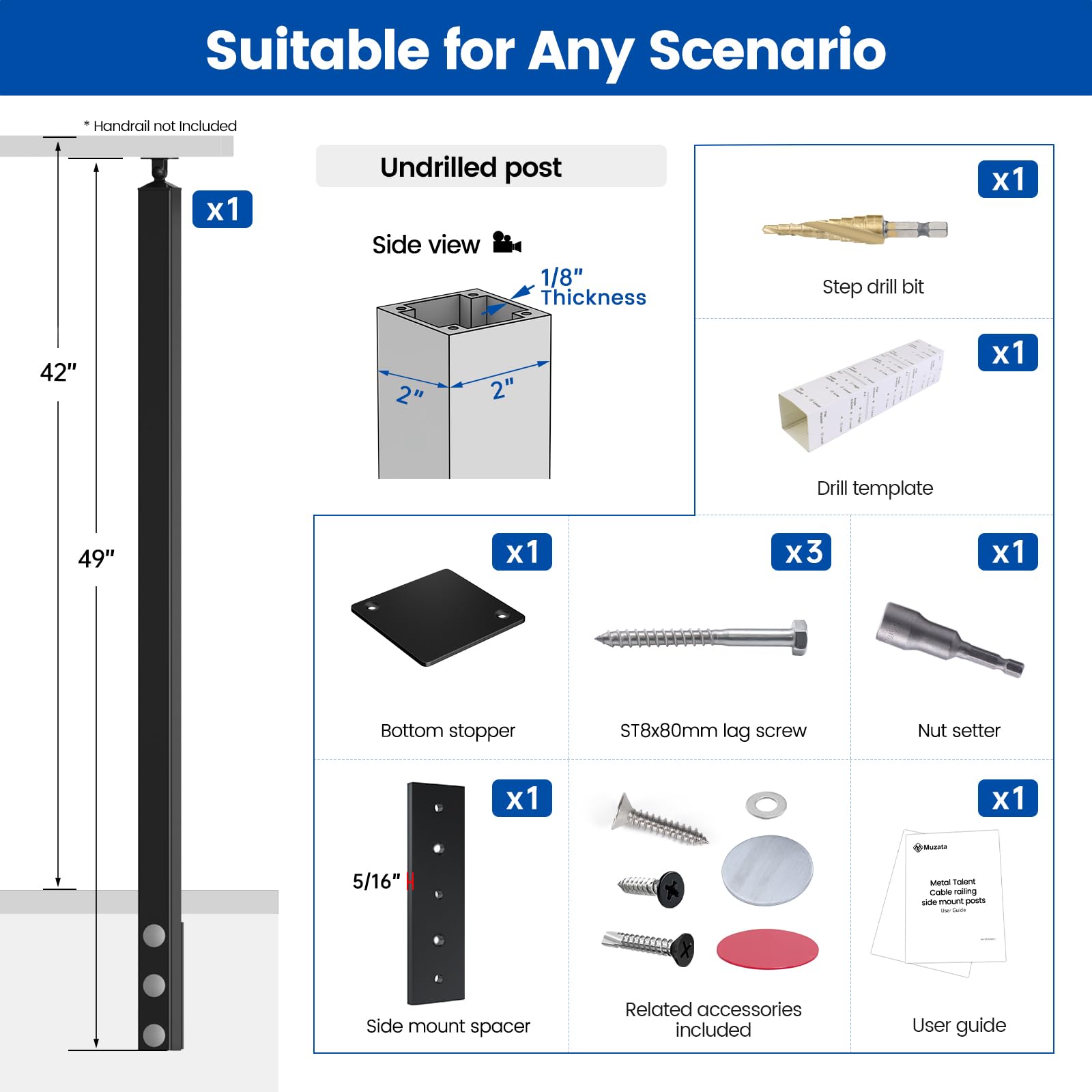 Snapklik.com : Muzata Aluminum Black Side Mount Cable Railing Post 42 ...