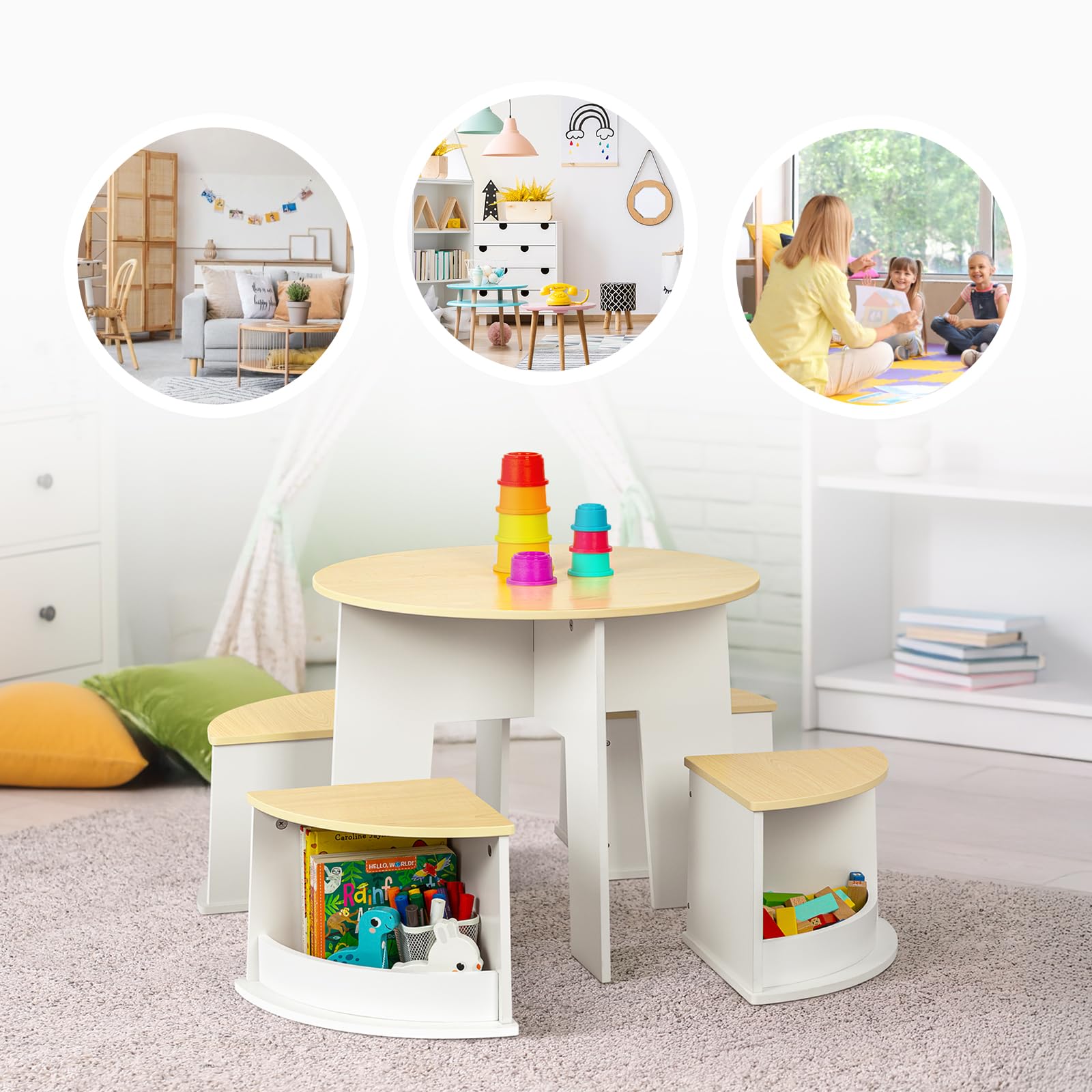 OOOK Table Enfant avec 4 Chaise, Table Ronde en Bois avec 4 tabourets à Rangement, Tables et chaises pour Enfants dédiés à l'art, l'artisanat, la Lecture et Les Jeux