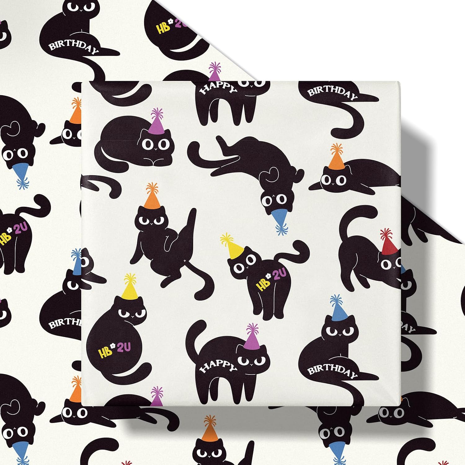 RUSPEPA Birthday Cat Wrapping Paper Roll, Cute Black Cats with Party Hats & Happy Birthday Text Funny Gift Wrap for Kids, Teens, Pet Lovers, Party, 17 Inches x 16.4 Feet