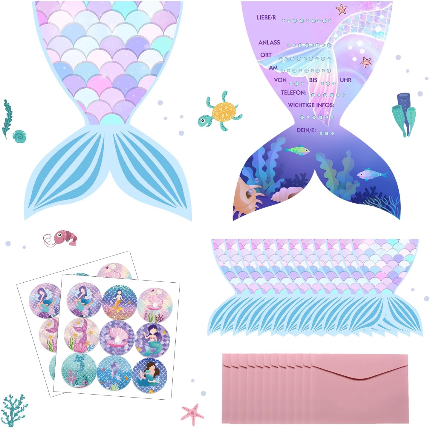 12x Meerjungfrau Einladungskarten Set - Kindergeburtstag Einladungen Mit Umschlägen