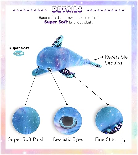 Miniatura 2 de DolliBu Peluche de lentejuelas espaciales, animal de peluche reversible de delfín, lindo animal de peluche con temática espacial para decoración de