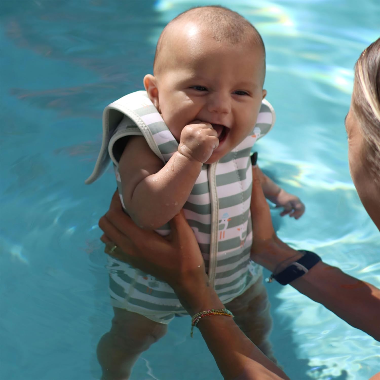 SUNNYLiFE Baby Wetsuit, Sammy The Seagull Green Stripe, Polyester and Natural Rubber, 2mm Thickness, 6-18 Months, Swimming