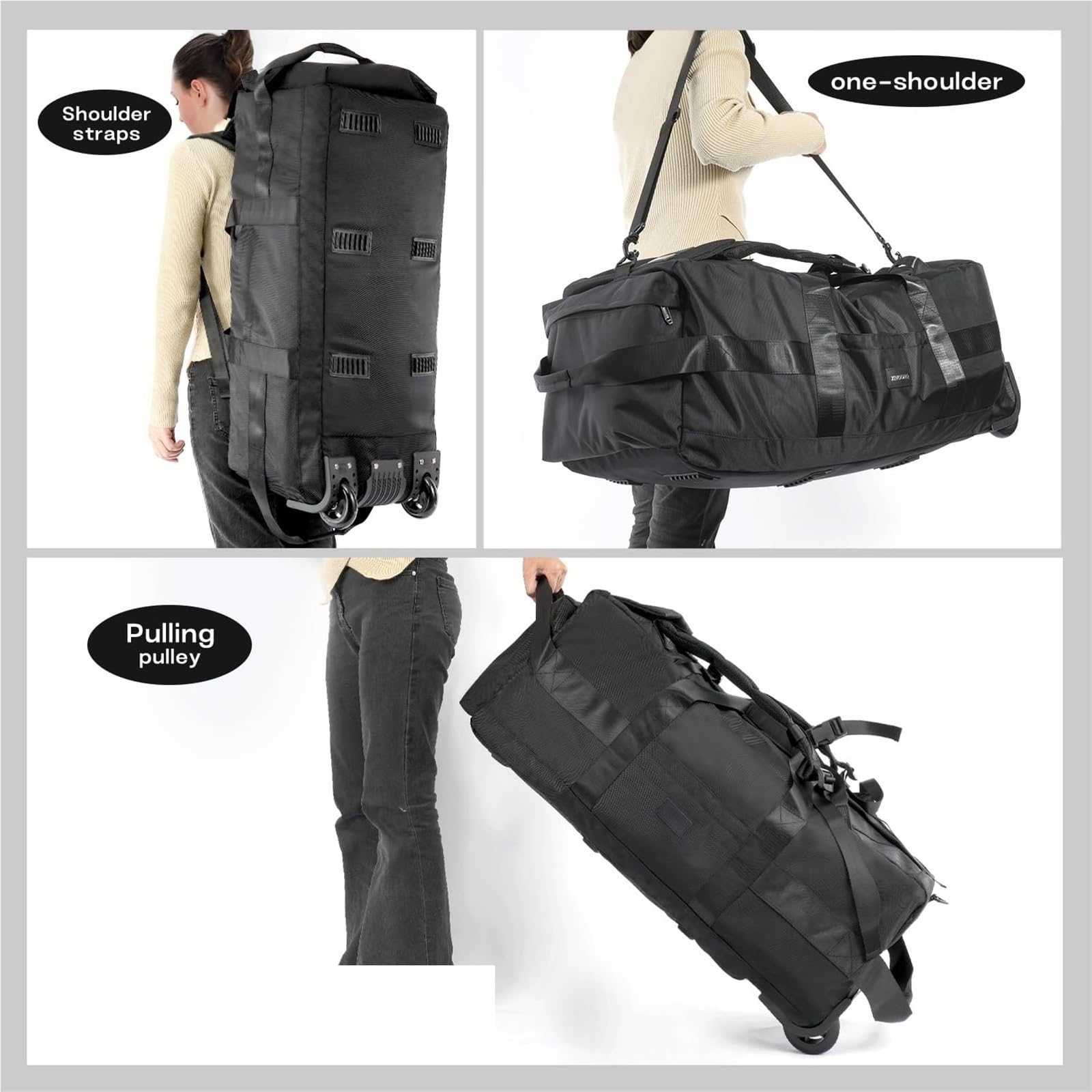 Borsone con Ruote Borsone da viaggio pieghevole 80 litri con ruote, resistente all'acqua, 31", tracolla(Black)