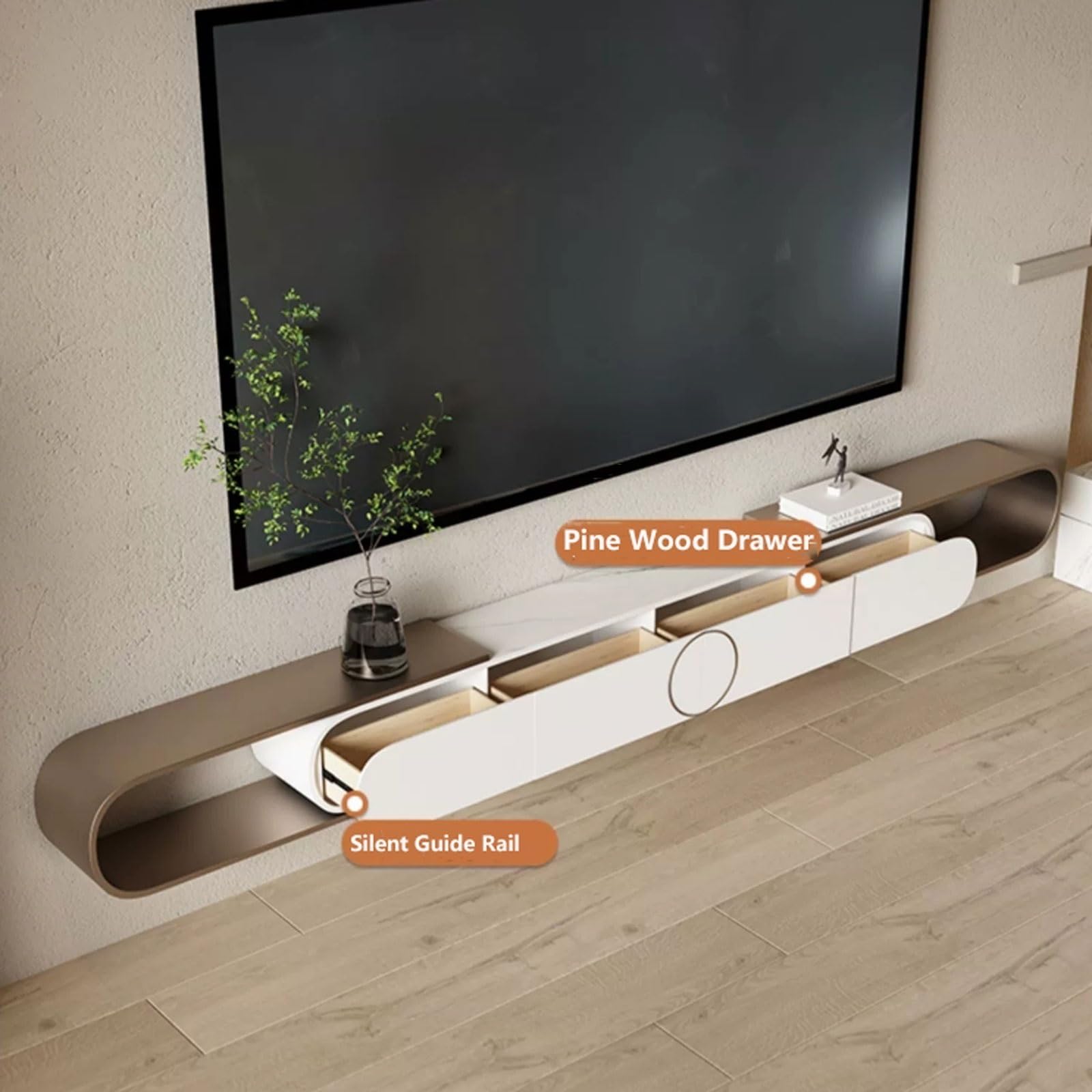 Konsola multimedialna wysuwana wisząca podstawka pod telewizor, montowane na ścianie centrum rozrywki z miejscem do przechowywania i otwartym regałem, nowoczesna szafka na konsolę medialną do salonu i