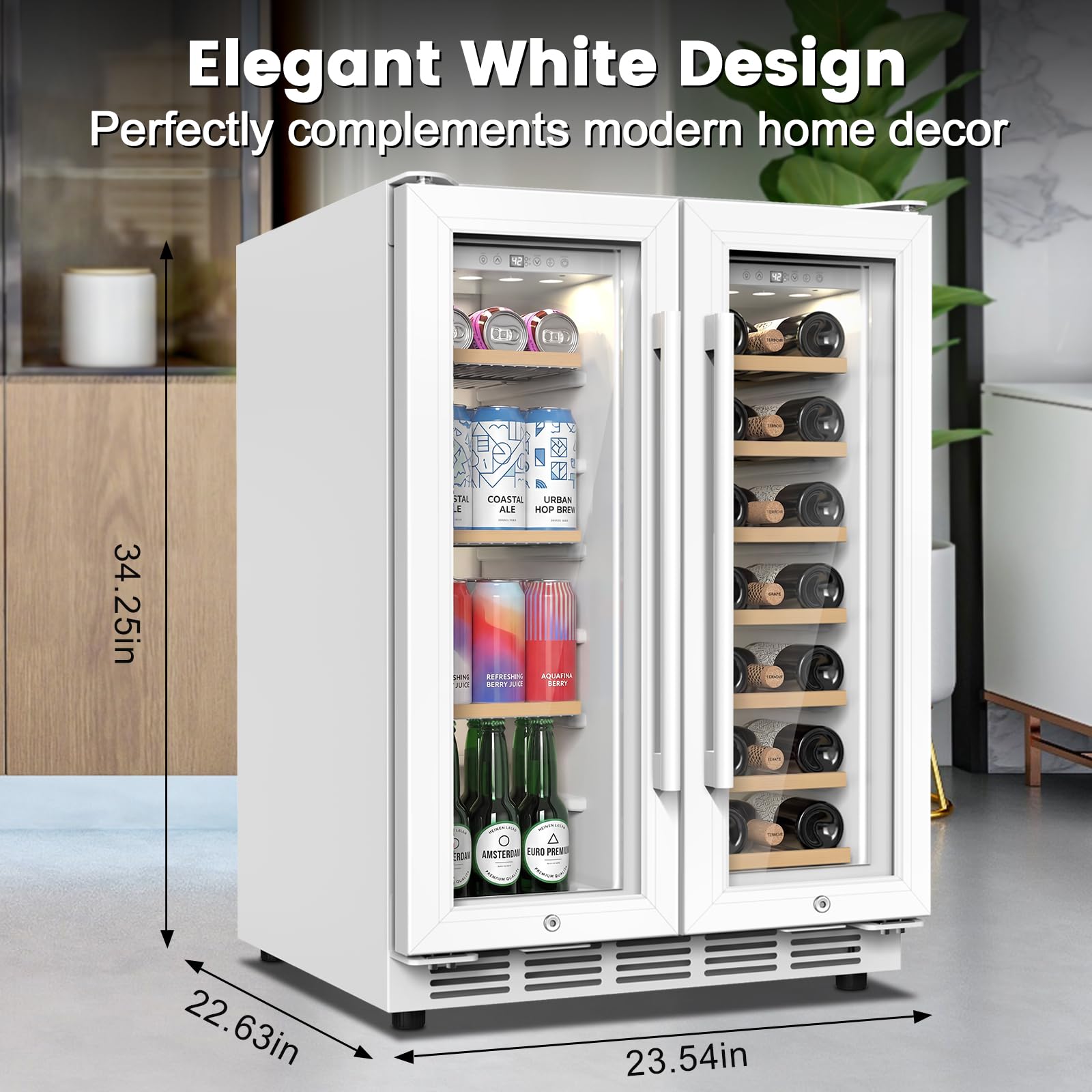 24 Inch Dual Zone Wine and Beverage Refrigerator - Under Counter Built-in/Free Standing Beverage Cooler with Glass Door,Beverage Fridge with Large Capacity, Advanced Cooling System, White - 3