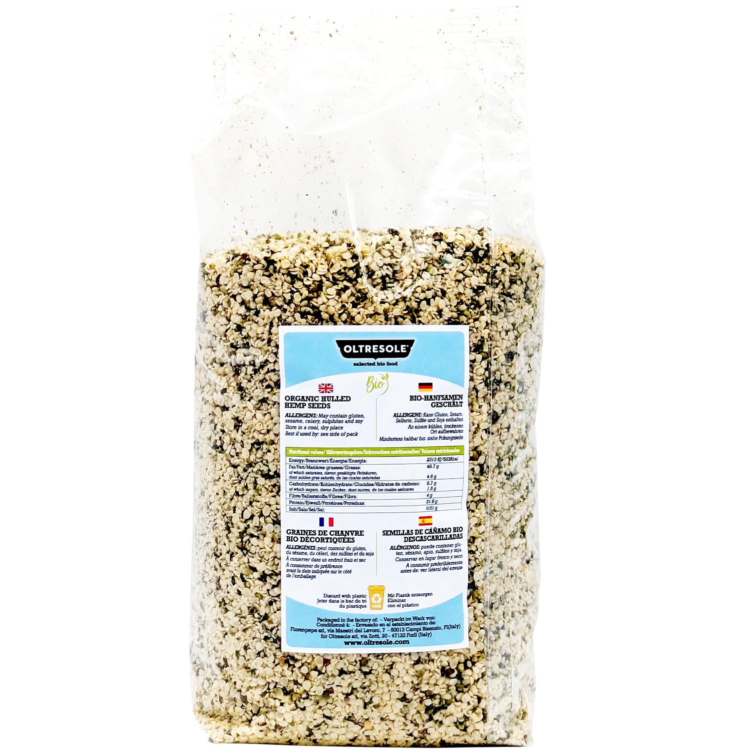 Oltresole, Semi di Canapa Decorticati Biologici 1 kg, Semi Oleosi Europei Crudi, Superfood, Ricchi di Proteine Fibre e Omega-3, Ideali per Insalate e Zuppe, Confezione Ideale per Famiglie