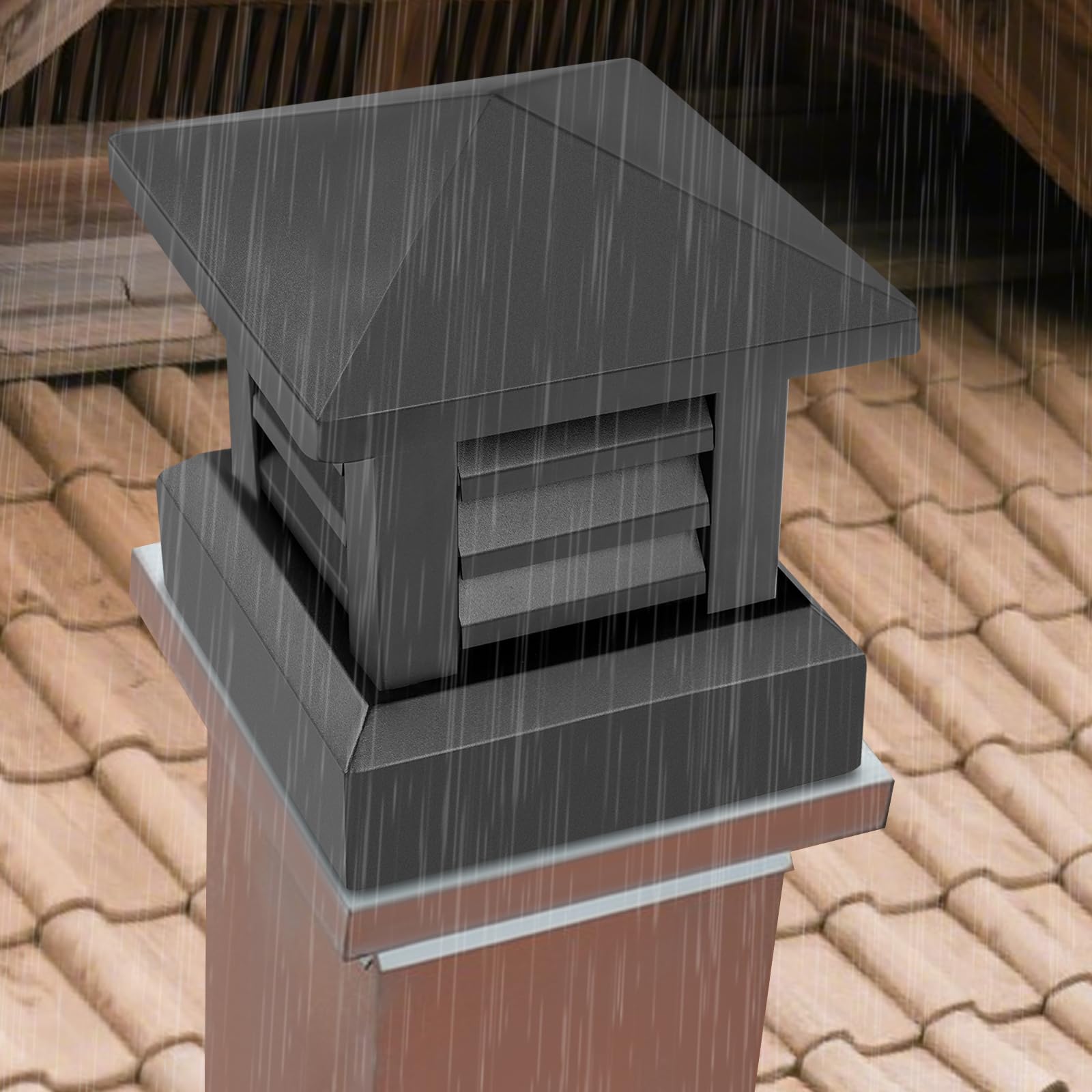 Sombrerete de chimenea con cubierta antilluvia de aluminio 25,5 cm | Protección frente a aves y hojas, salida de humos ventilada, grosor 1,2 mm, base cuadrada, acabado negro