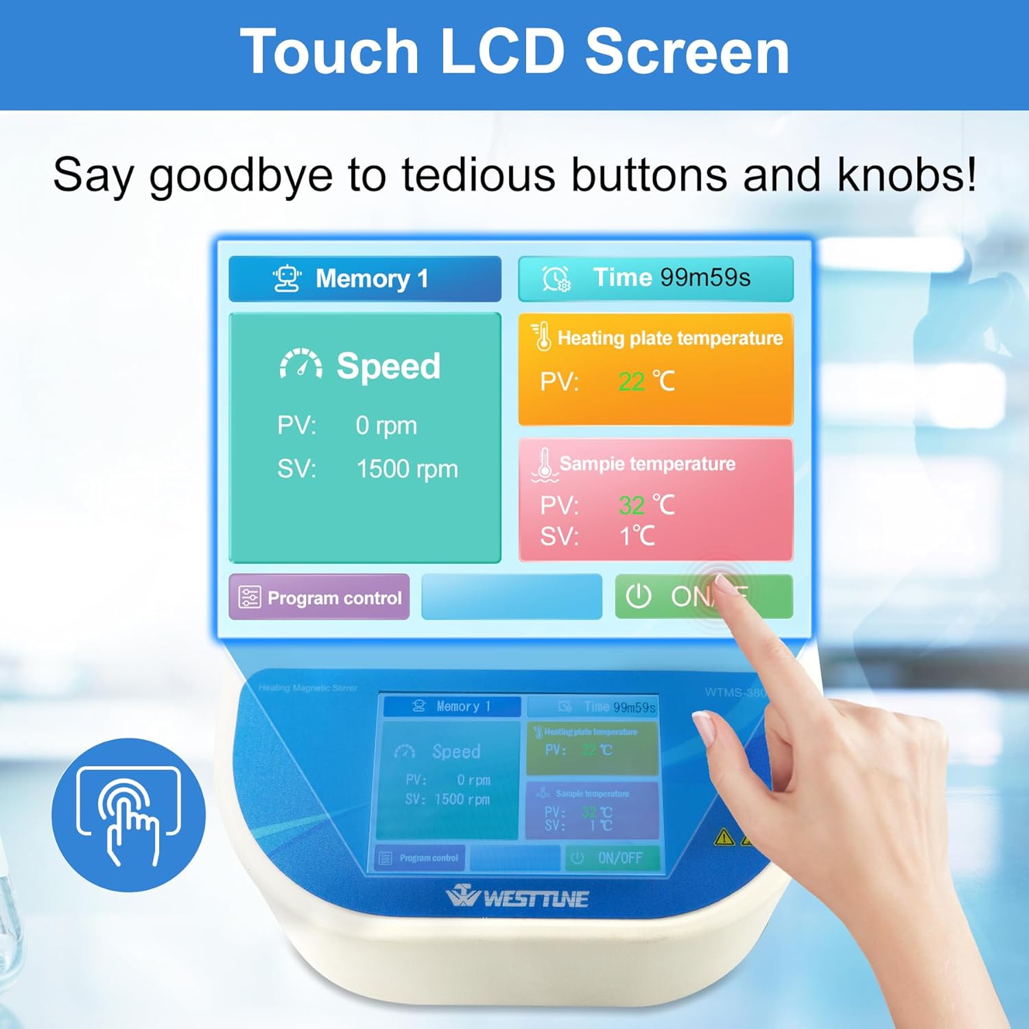 Close-up of the touch LCD screen interface of the hotplate magnetic stirrer, showing speed, heating plate temperature, and sample temperature settings.