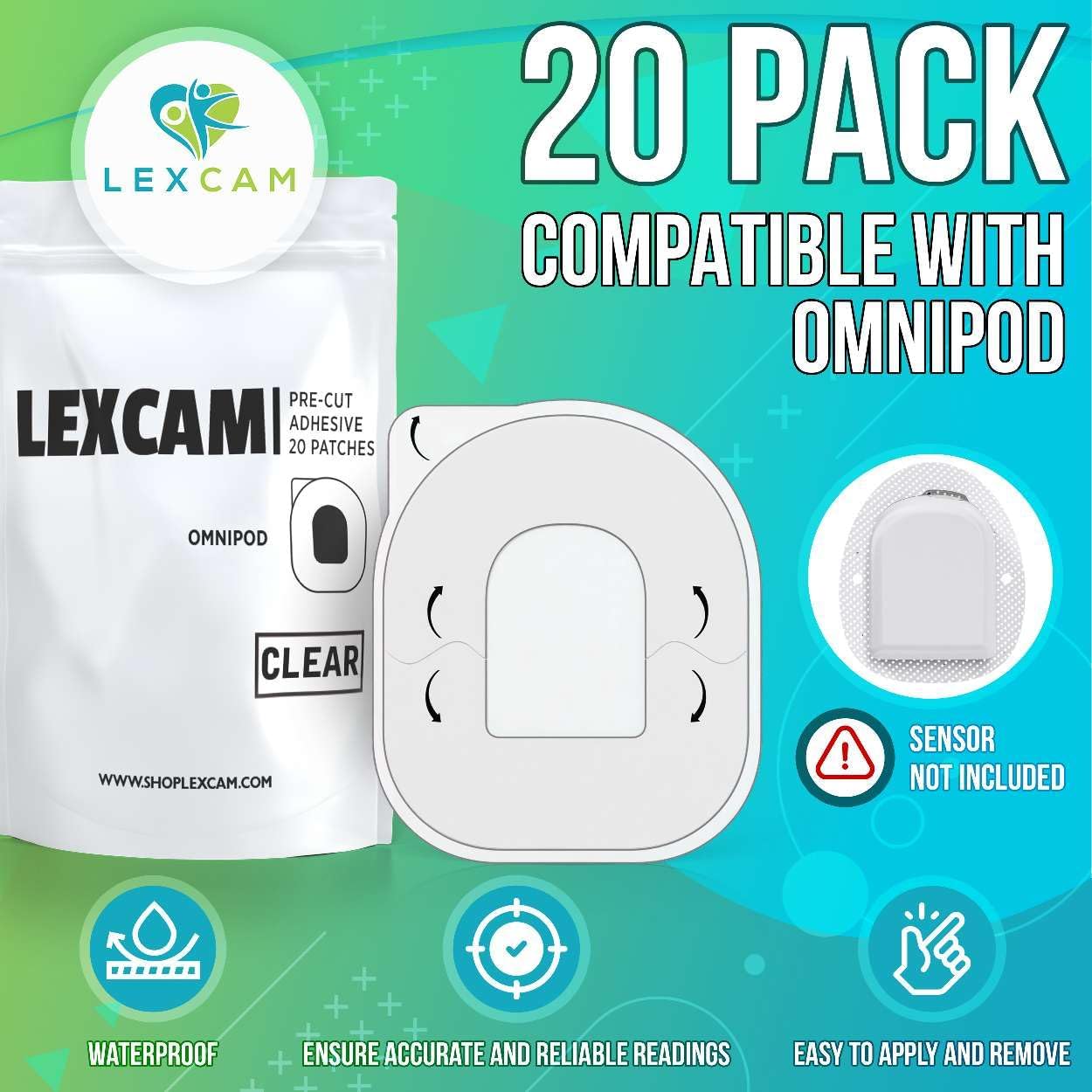 Lexcam Adhesive Patches Compatible with Omnipod 5, New, Pack of 20, Waterproof, Clear Overpatches for Tubeless Insulin Pump, Stays Secure for 3 Plus Days, Pod is NOT Included.