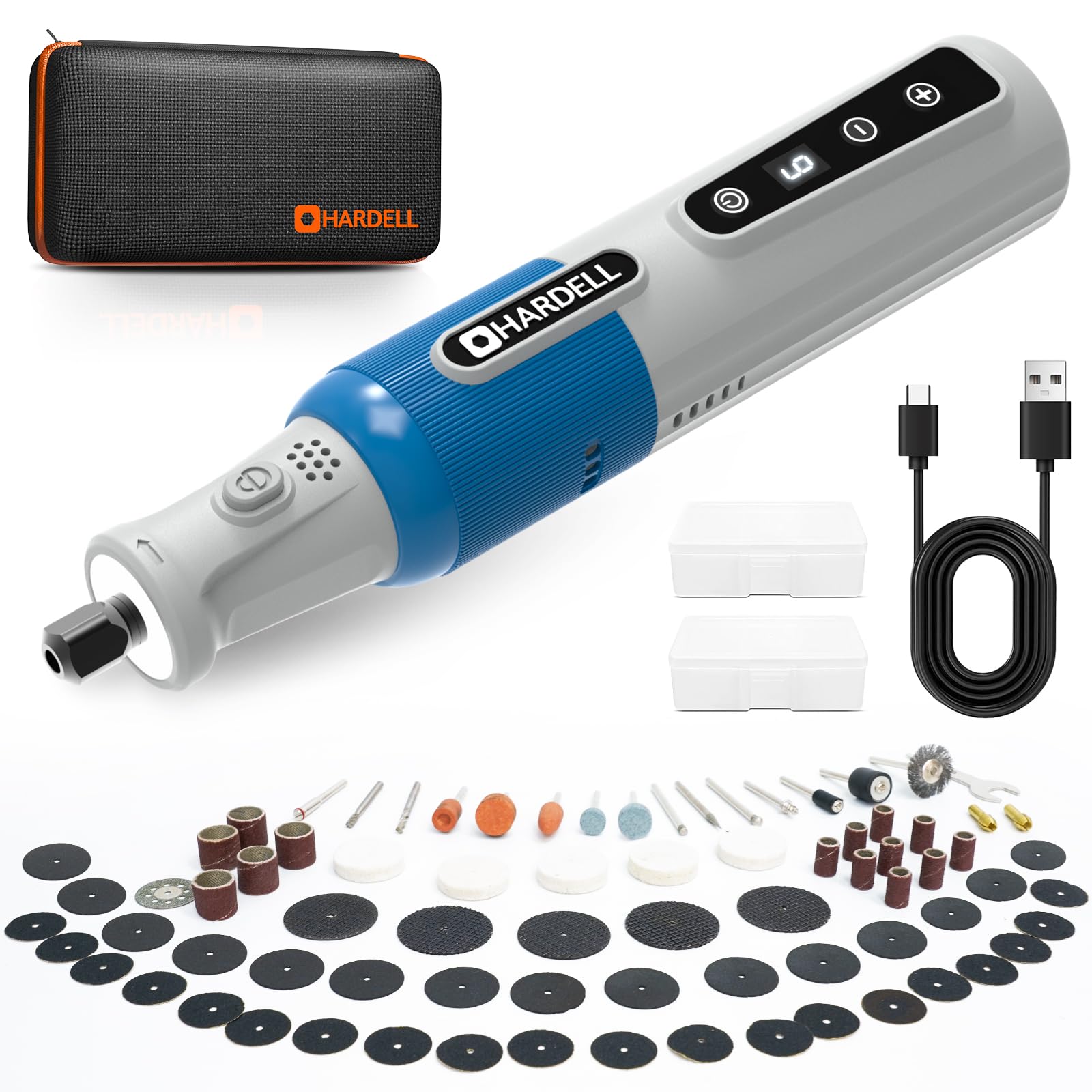 HARDELL Kit de herramientas giratorias inalámbricas, herramienta giratoria de 8 V y 6 velocidades con pantalla digital y carga USB-C, mototool multifunción con 80 accesorios para tallar, lijar, pulir