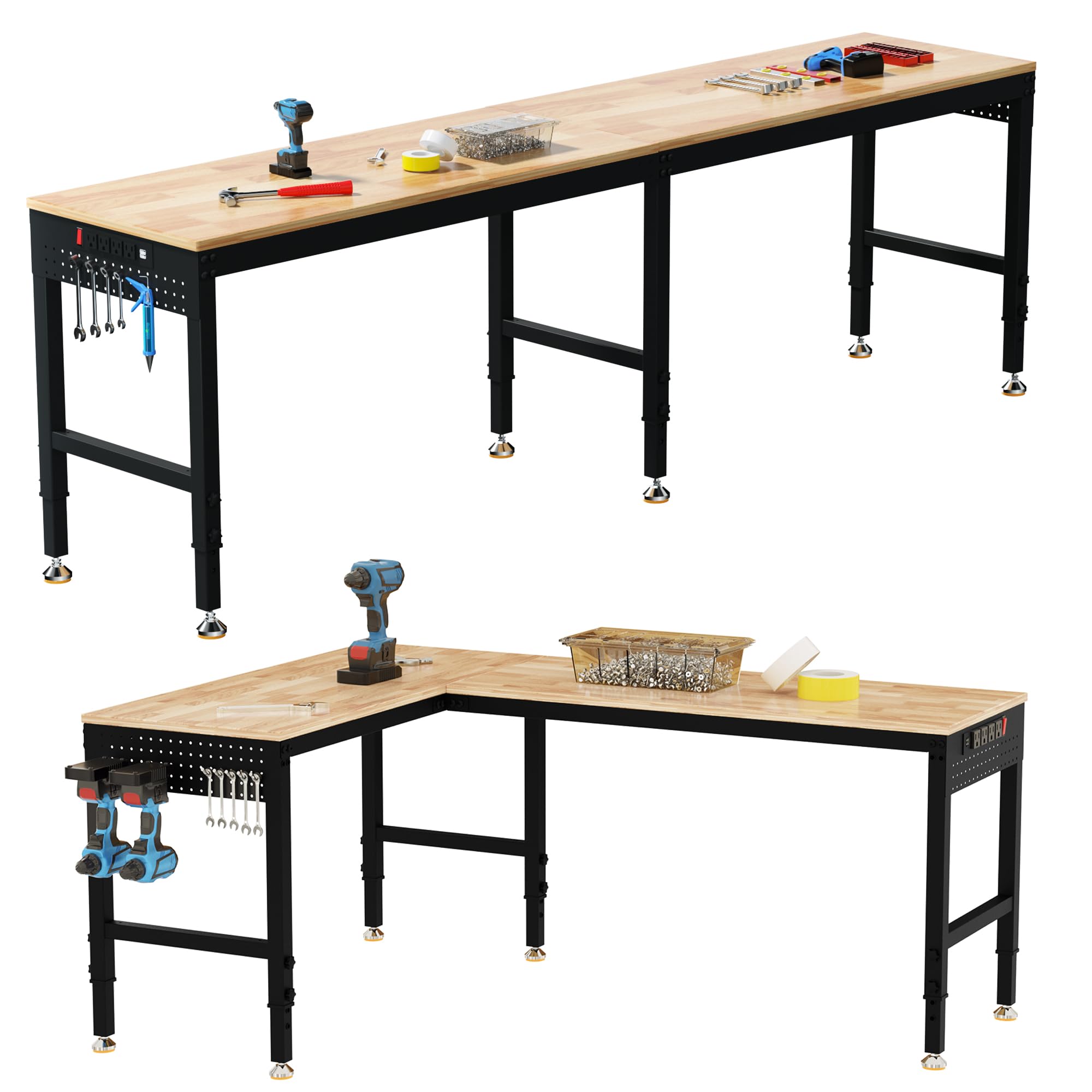 Betterhood 96" 2-in-1 Convertible Adjustable Workbench, L-Shaped &amp; Extended 5000 LBS Heavy Duty Work Table with Power Outlets &amp; Pegboard, Rubber Wood Workstation for Garage, Workshop