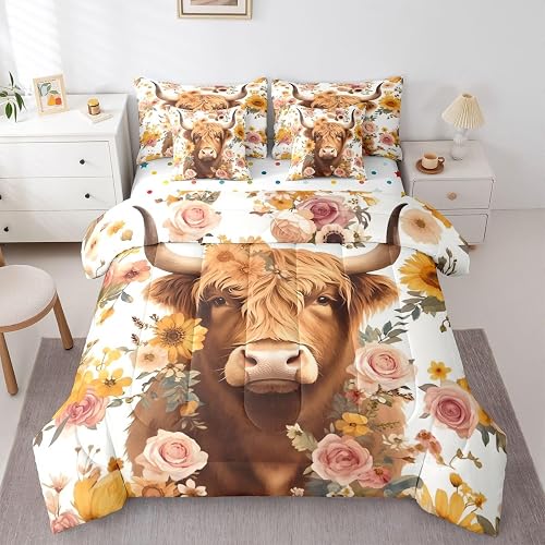 Feelyou Cute Highland Cow Comforter Set Queen Size 7 Pieces for Boys Girls