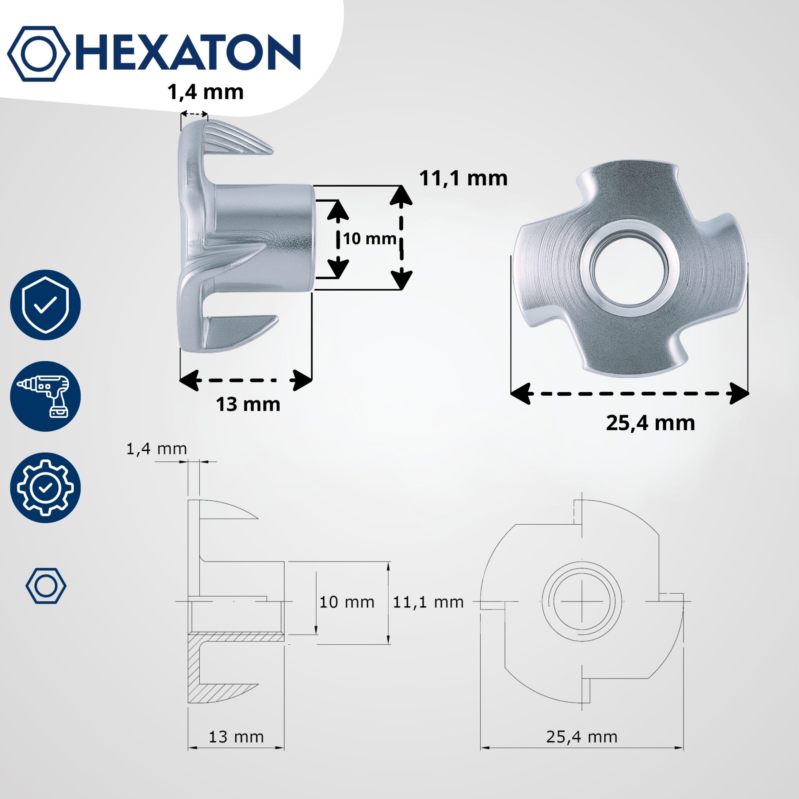 HEXATON Tuercas de impacto con 4 puntas - M10 x 13 mm - 100 Piezas - Acero Galvanizado - Tuercas de presión con rosca métrica