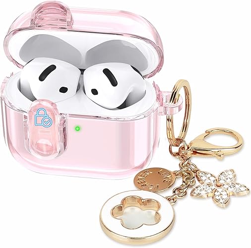 Safety Lock Clear Case Compatible with Apple AirPods 4 Cases 2024 Women, VOTILE Soft TPU Transparency Air pods 4 Gen Cases iPods 4 Earbuds Case Girl Bling Keychain for Airpod iPod 4th Gen - for AirPods 4th (2024) - Pink