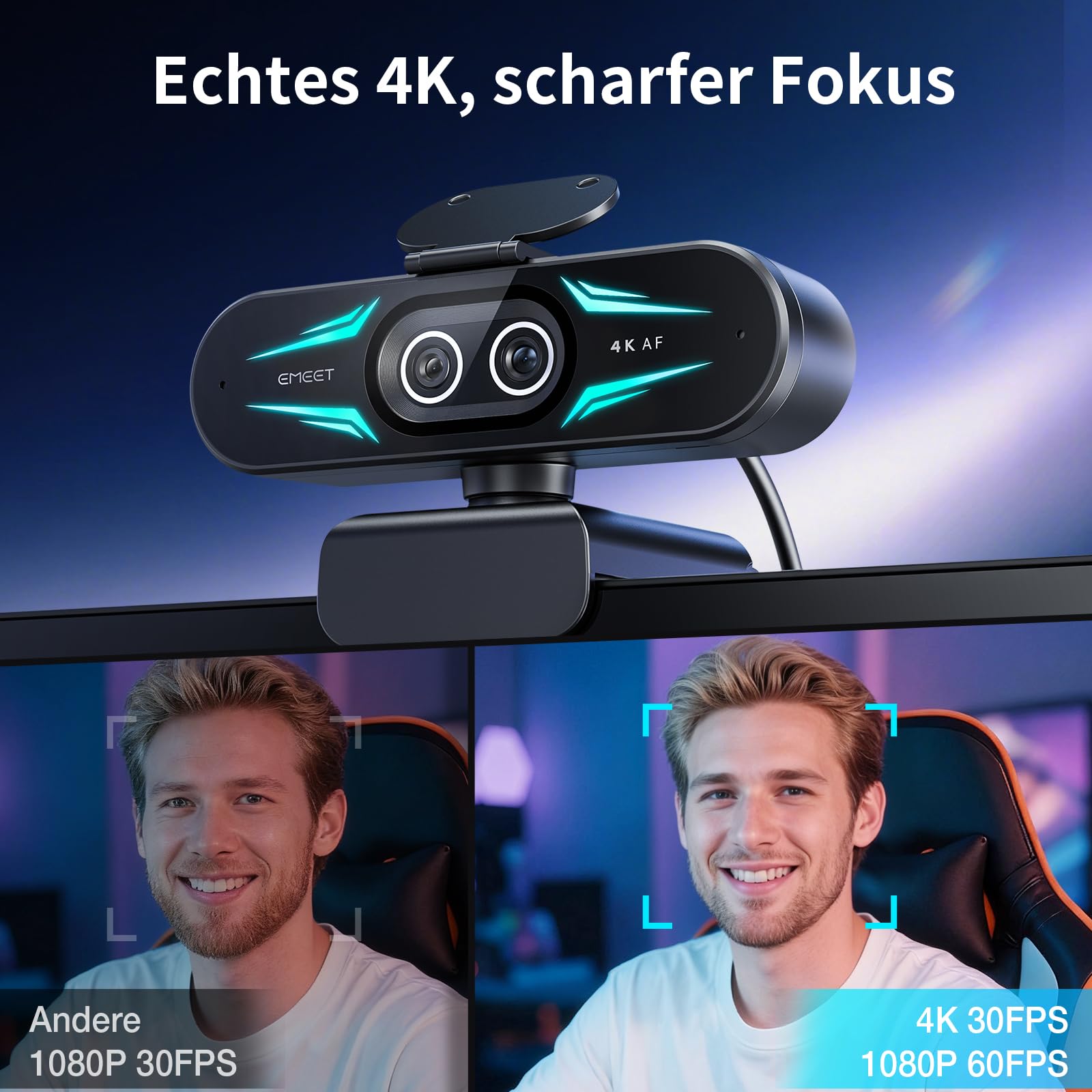 EMEET C60E Dual-Kamera-4K-Webcam für Streaming, Weitwinkel- und Teleobjektiv, bis zu 11-facher Hybrid-Zoom & PDAF-Autofokus, Fernbedienung, RGB-Beleuchtung, 2 Mikrofone, ideal für Livestreaming