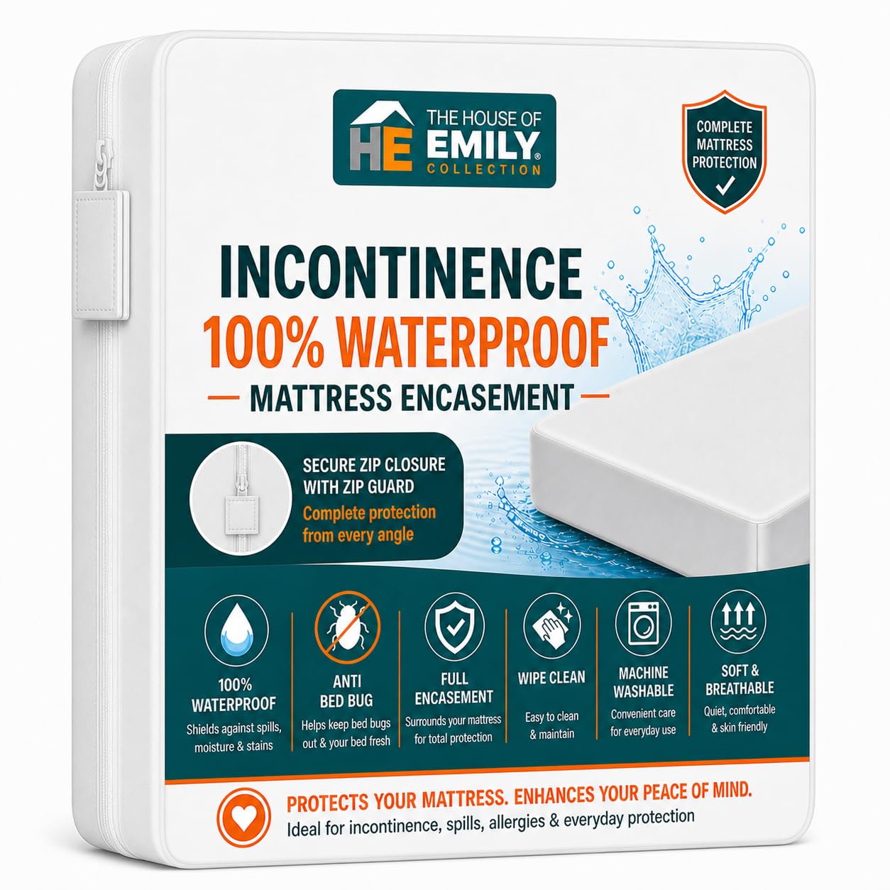 The House of Emily Incontinence Mattress Protector Fully Enclosed Zipped 6 Sided Protection 100% Waterproof Wipe Clean Anti Bed Bug Anti Bacterial (Single)