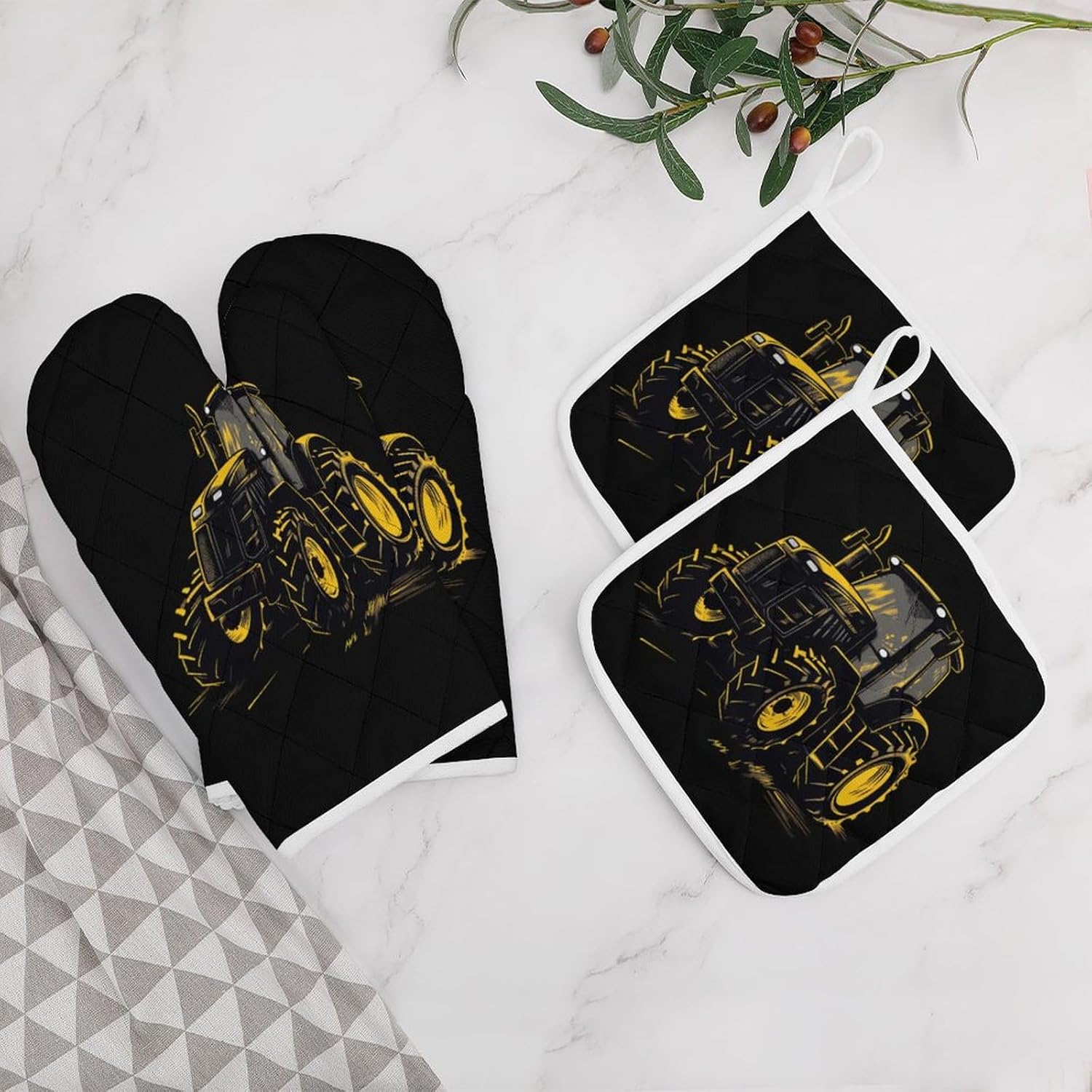 Tractor 4 Pcs Oven Mitts and Pot Holders Set High Heat Resistant Long Kitchen Oven Glove Potholders