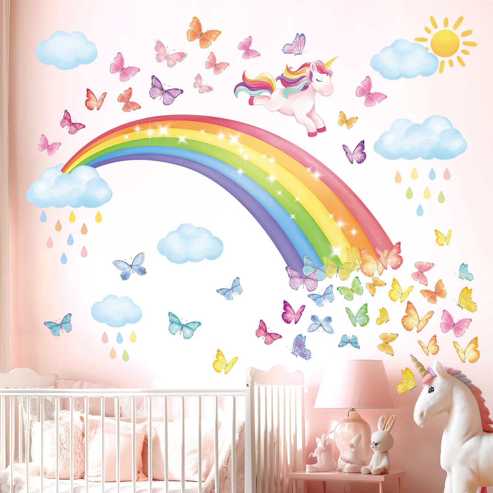 DECOWALL SG2-2309 tęczowy tatuaż ścienny jednorożec, naklejka ścienna, chmury, motyle, dziewczynki, dzieci, naklejka na ścianę do pokoju dziecięcego, pokoju dziecięcego, dekoracja ścienna