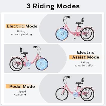 Electric Trike for Adults,Peak 500W Brushless Motor, E-Trike with 24 x 2 Tires, Removable Battery, Charger,Step-Thru 3-Wheel Electric Bicycle, Up to 55 Miles Range, 15.5MPH+ Speed