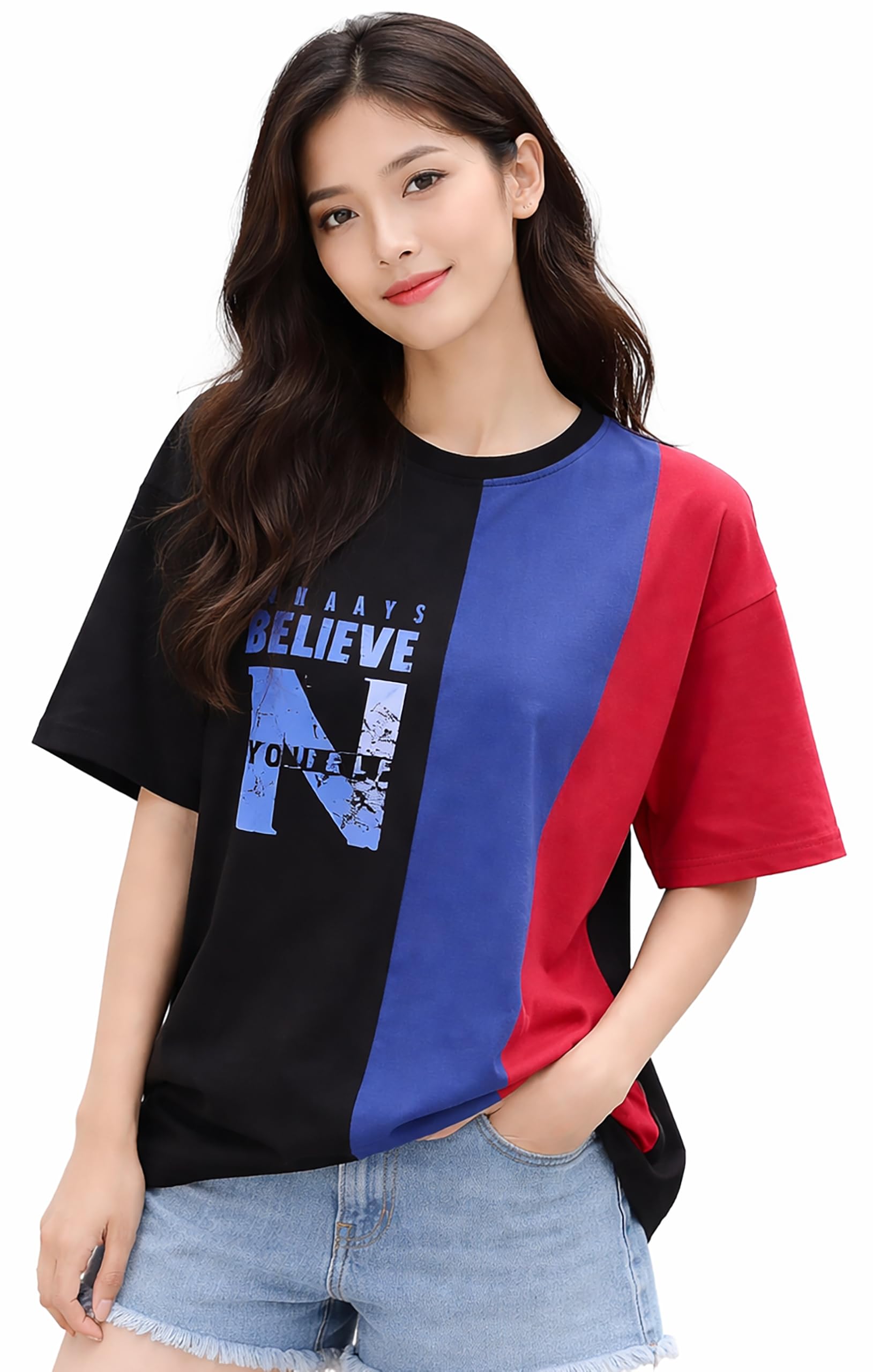 london hills Women's Drop Shoulder T-Shirt | Graphic Print Colorblock Half Sleeve Cotton T-Shirt | Casual Round Neck Top Soft Breathable Fabric | Regular Fit Stylish Tshirt-picture-34