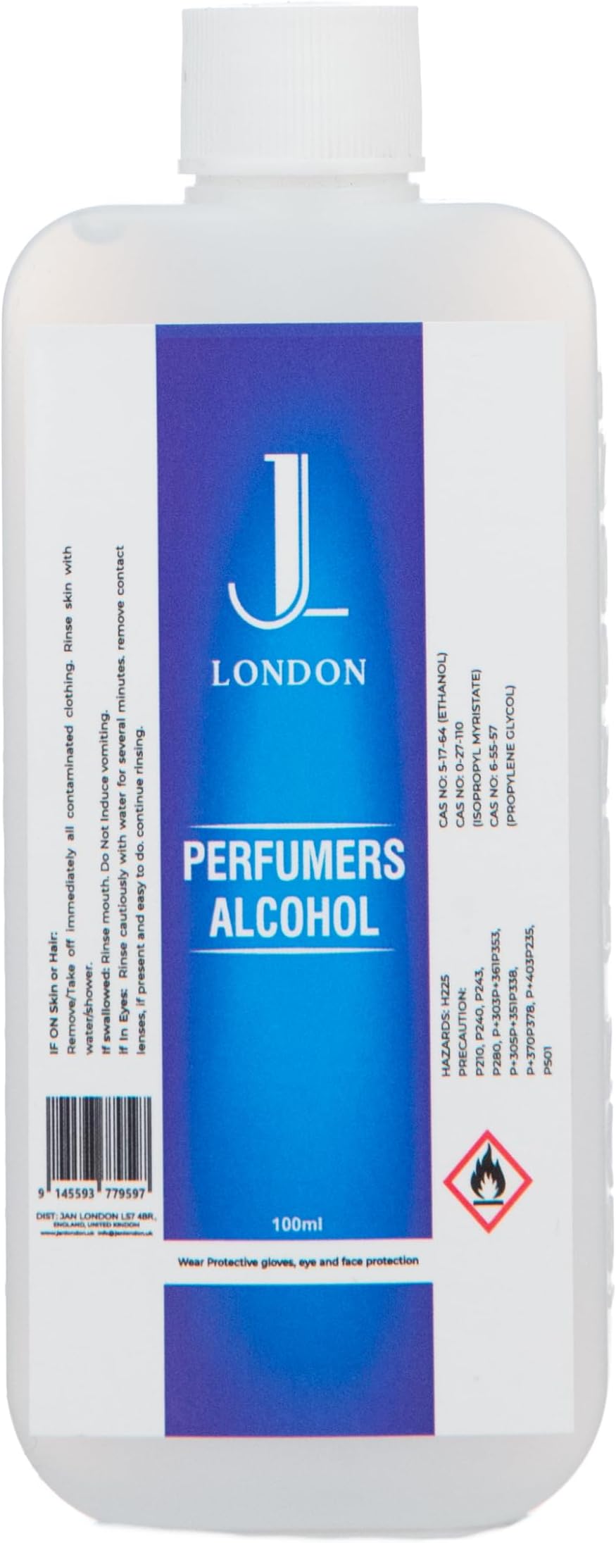 Jan London's Perfumers Alcohol, Ethanol, Isopropyl Myristate, and Propylene blend empowers you to create custom scents for perfumes, aftershaves, diffusers, and room sprays 100ml