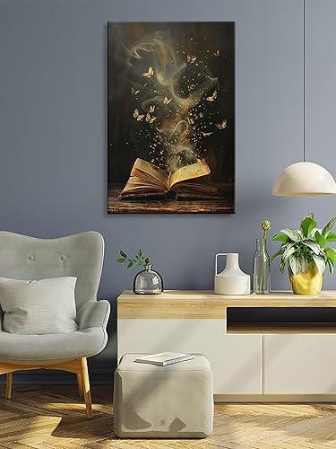 Miniatura 2 de Fantástico libro abierto encantado, arte de pared, diseño vintage de mariposas doradas, póster estético, divertido lienzo de humo místico,