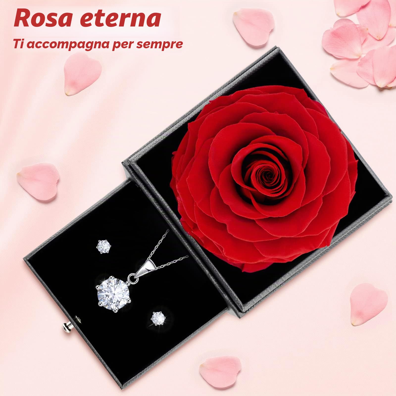 Sunia Festa della Mamma Idee Regalo, Vera Rosa Eterna con Collana Argento 925 Donna con e Orecchini, Rosa Stabilizzata Vera, Idee Regalo Donna, Regalo Mamma Compleanno, Regalo Festa della Mamma