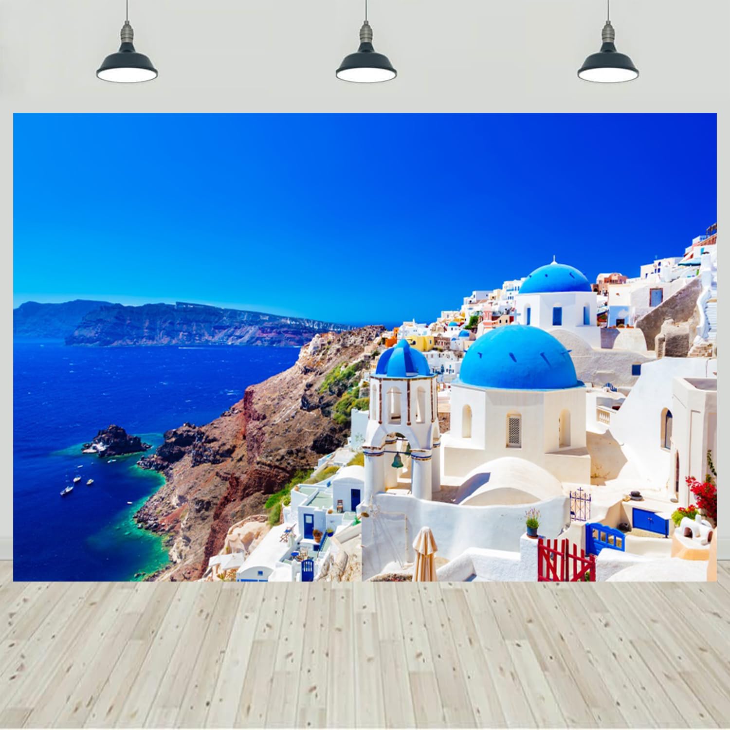 10x8ft Greece Santorini Island Backdrop Blue Ocean Scene White Architecture Photography Background Greece Themed Wedding Birthday Party Decorations