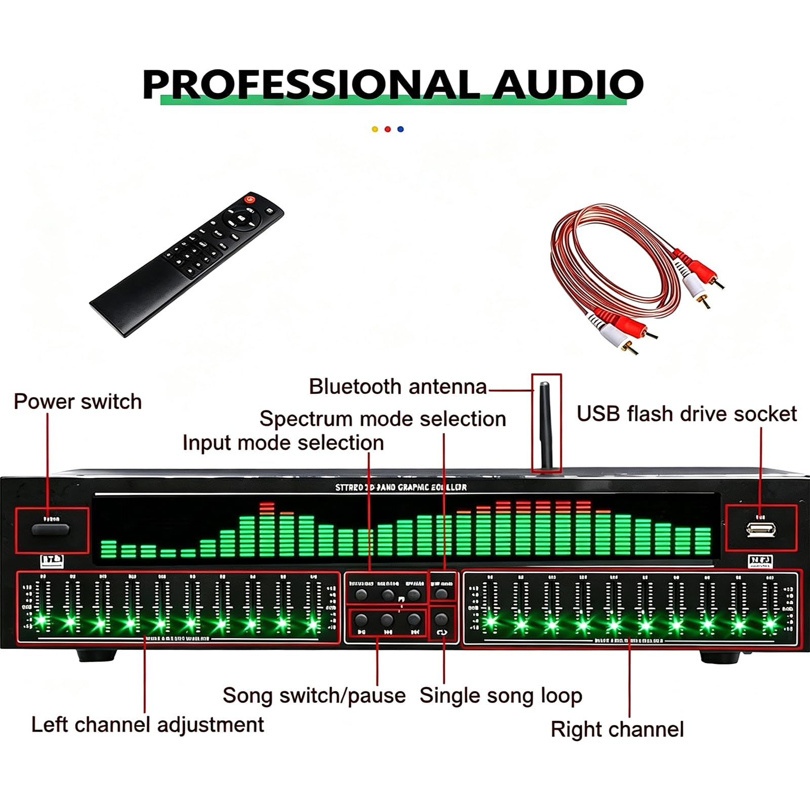 Equalizzatore Stereo Domestico con 20 Bande di Regolazione Indipendenti E Riduzione del Rumore | Equalizzatore Grafico con Visualizzazione dello Spettro A 31 Bande | Adatto per Home Theater E