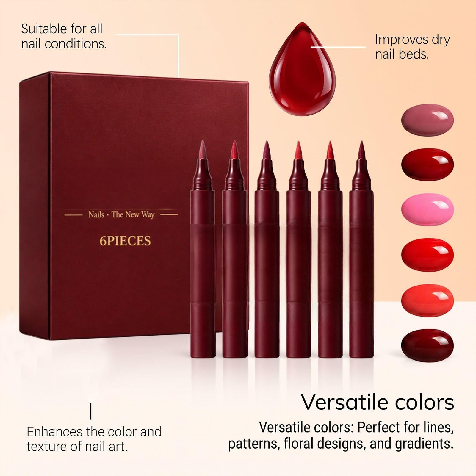 Set di penne per nail art,kit di penne per vernice per unghie a 6 colori,penne per smalto a punta fine a punta singola per il disegno fai-da-te,pennarelli colorati per unghie vere,design per (3pcs)