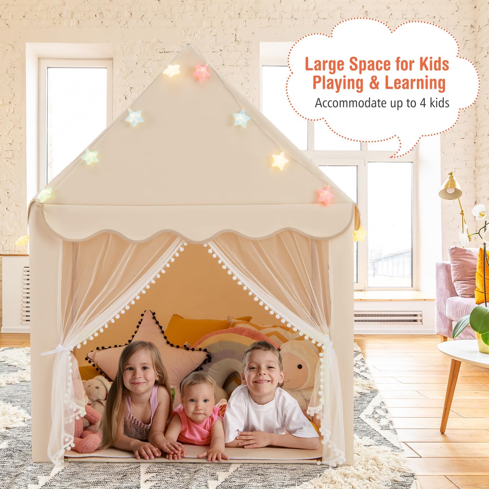 GLACER Kids Tent with Mat, Kids Castle Play Tent with Star Lights, Windows, Zippers, Children Playhouse for Indoor and Outdoor use, Gift for Boys and Girls (Beige)
