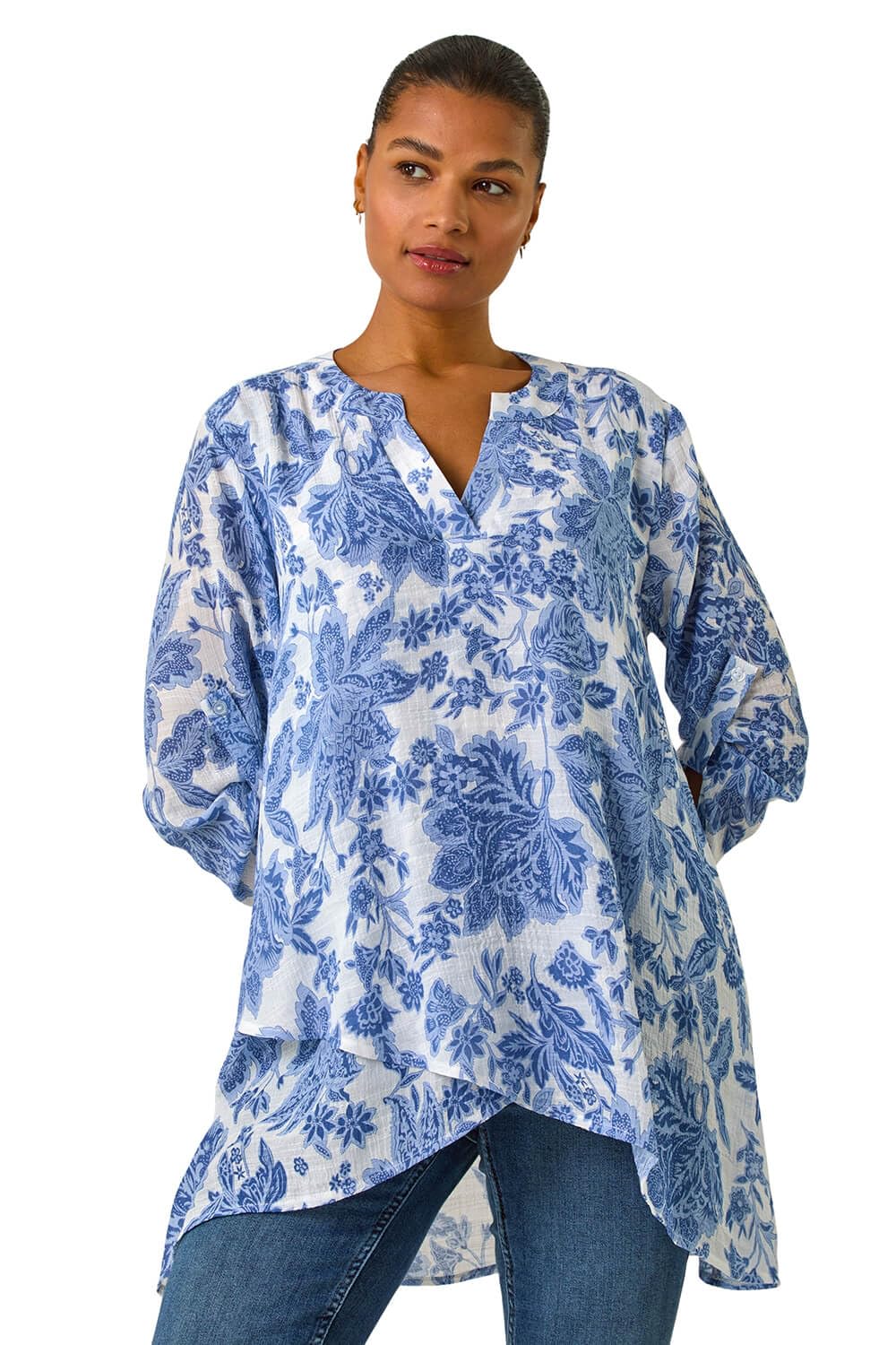 Roman Women's Blue Floral Print Wrap Hem Tunic Top Size 10