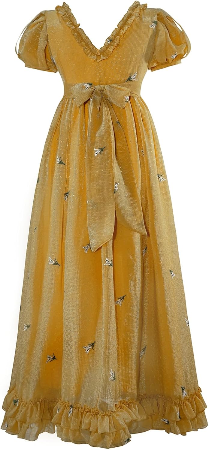 Regency Dresses for Women Elegant Ruffle Neck Puff Sleeve Empire Waist Dress