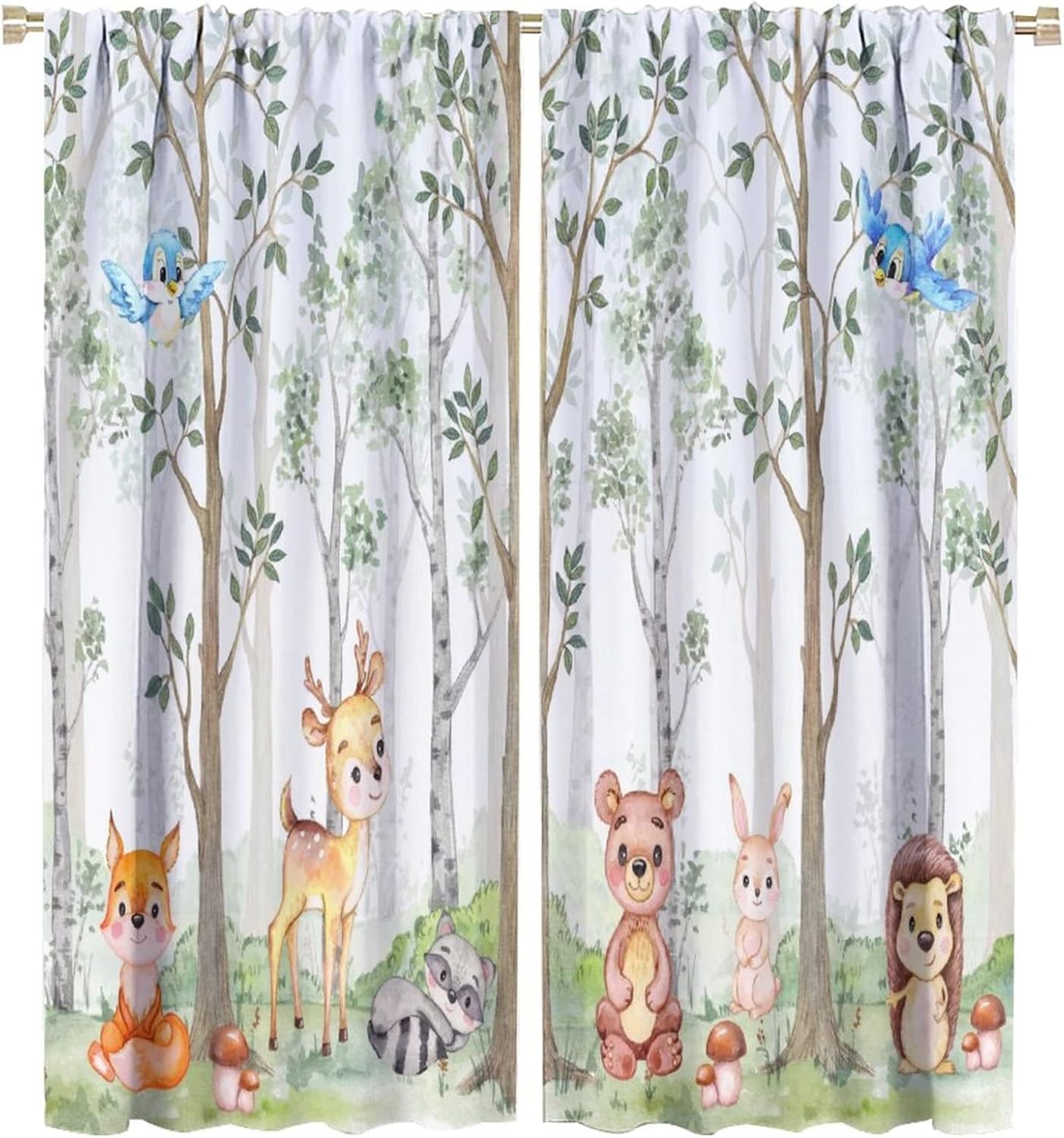 Kids Forest Animal Curtains,Cartoon Woodland Deer Bear Rabbit Colorful Jungle Wild Animal Child Nursery Baby Boy Girl Bedroom Décor Living Room Polyester Fabric Window Drapes 2 Panel Set 55" x 63"