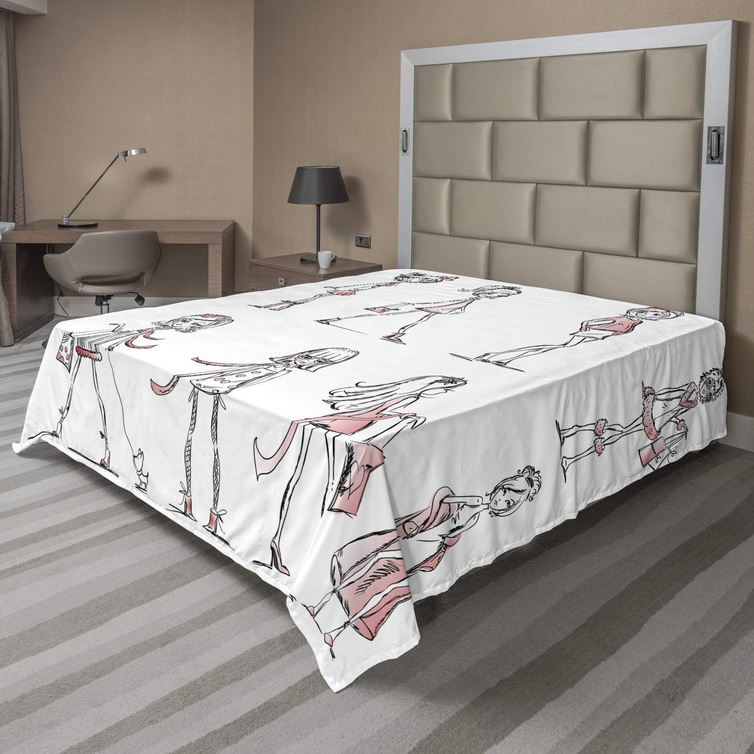 Ambesonne Fashion Flat Sheet, Cartoon Girls High Heel Shoes Glamour Urban Life Catwalk Style Picture, Soft and Comfortable Top Sheet Decorative Bedding 1 Piece, Full Size, White Pink