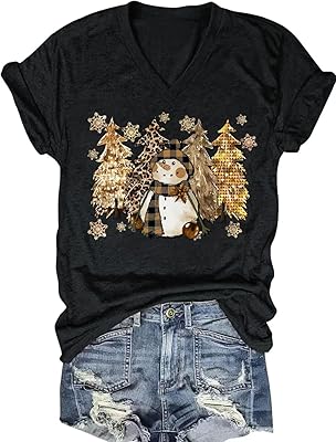 Vircreate Womens Short Sleeve V Neck Christmas T-Shirts Merry Christmas Tree Graphic Tee Tops