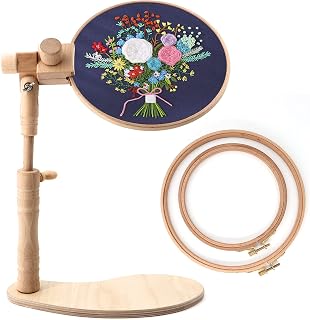 ZOCONE Beech Wood Adjustable Embroidery Hoop Stand with 6" & 8" Hoops - Rotatable Holder for Cross Stitch & Needlework