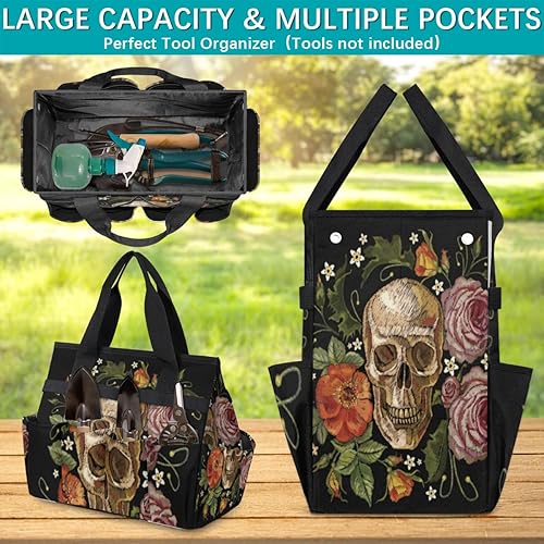 Miniatura 4 de Floral Flowers Skull Garden Tool Tote Bag for Women Men Gardening Tool Storage Bags with 10 Pockets Standable Garden Home Tool Kits Organizer for