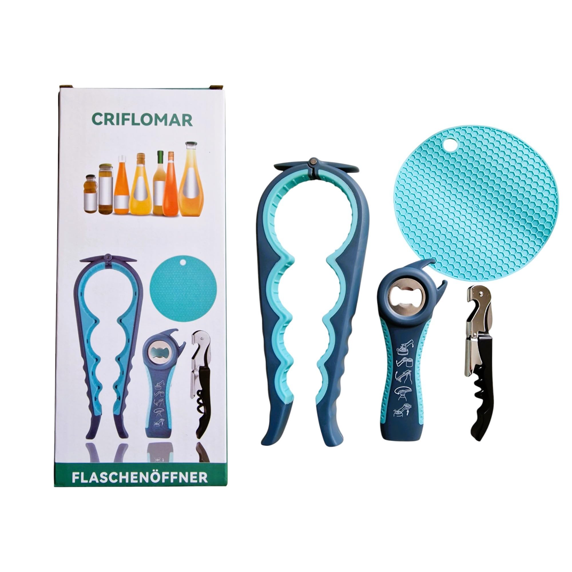 4 in 1 Jar Opener Set, Non-Slip Handle, Easy Open for Seniors & Arthritis, for Jars Cans, Wine & Beverage Bottles