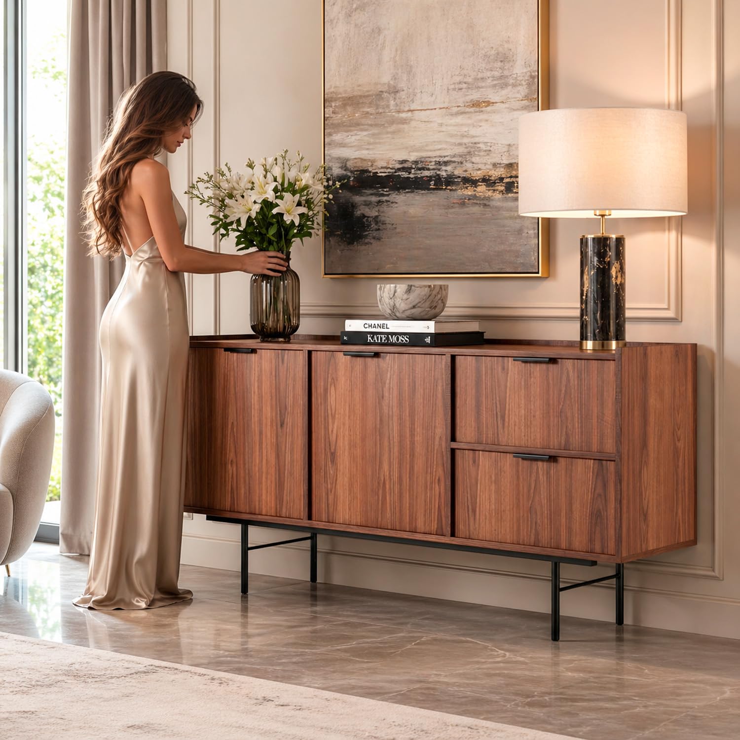 Madia Moderna Con 2 Ante 2 Cassetti E Ripiani Interni Credenza In Melaminico Con Gambe In Metallo Per Soggiorno Sala Da Pranzo Ingresso Ampio Spazio Contenitivo 150 X 40 X 68 Cm Noce