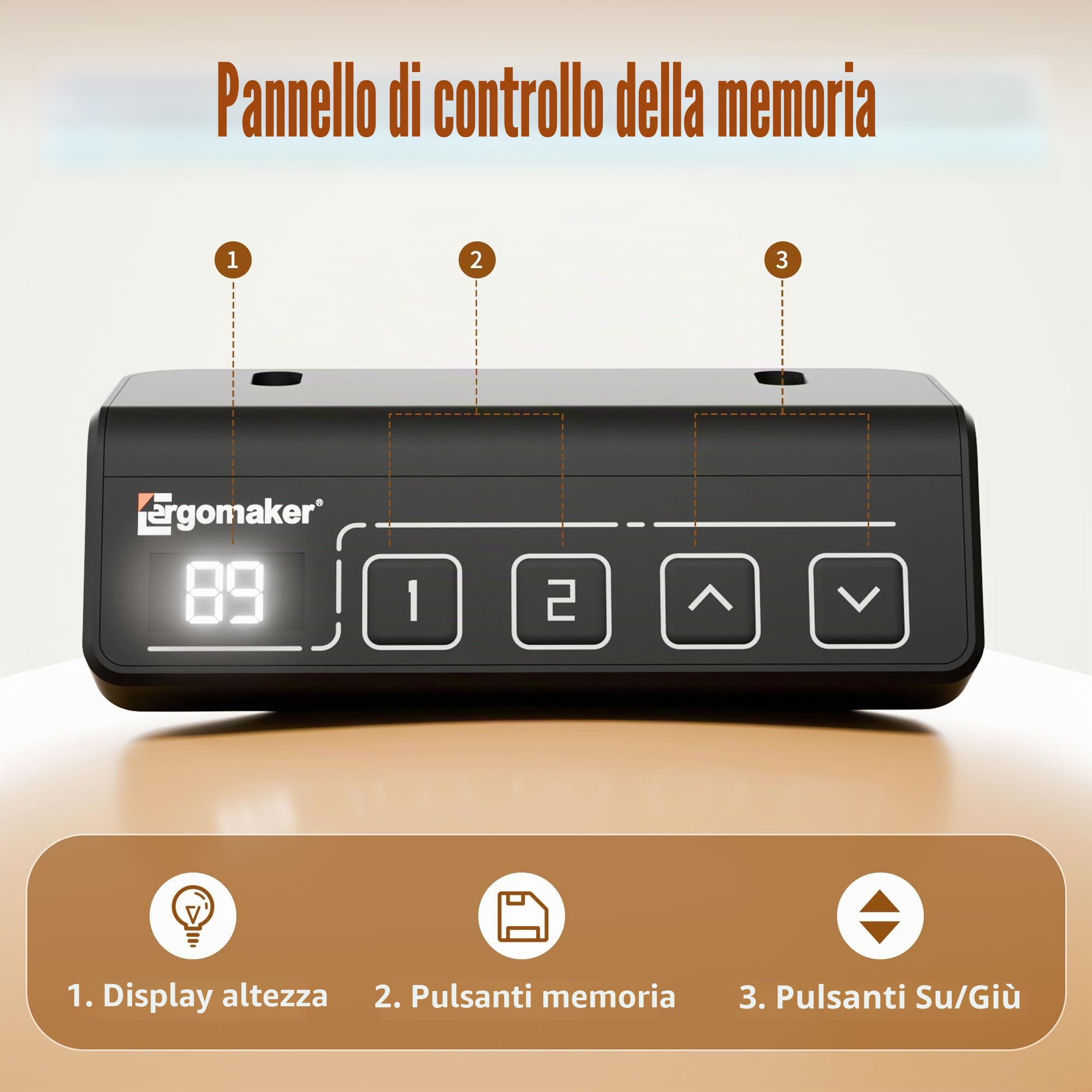 ERGOMAKER Scrivania regolabile in altezza, 90 x 60 cm, scrivania regolabile in altezza, elettrica con funzione memoria, tavolo ergonomico regolabile in altezza, marrone chiaro