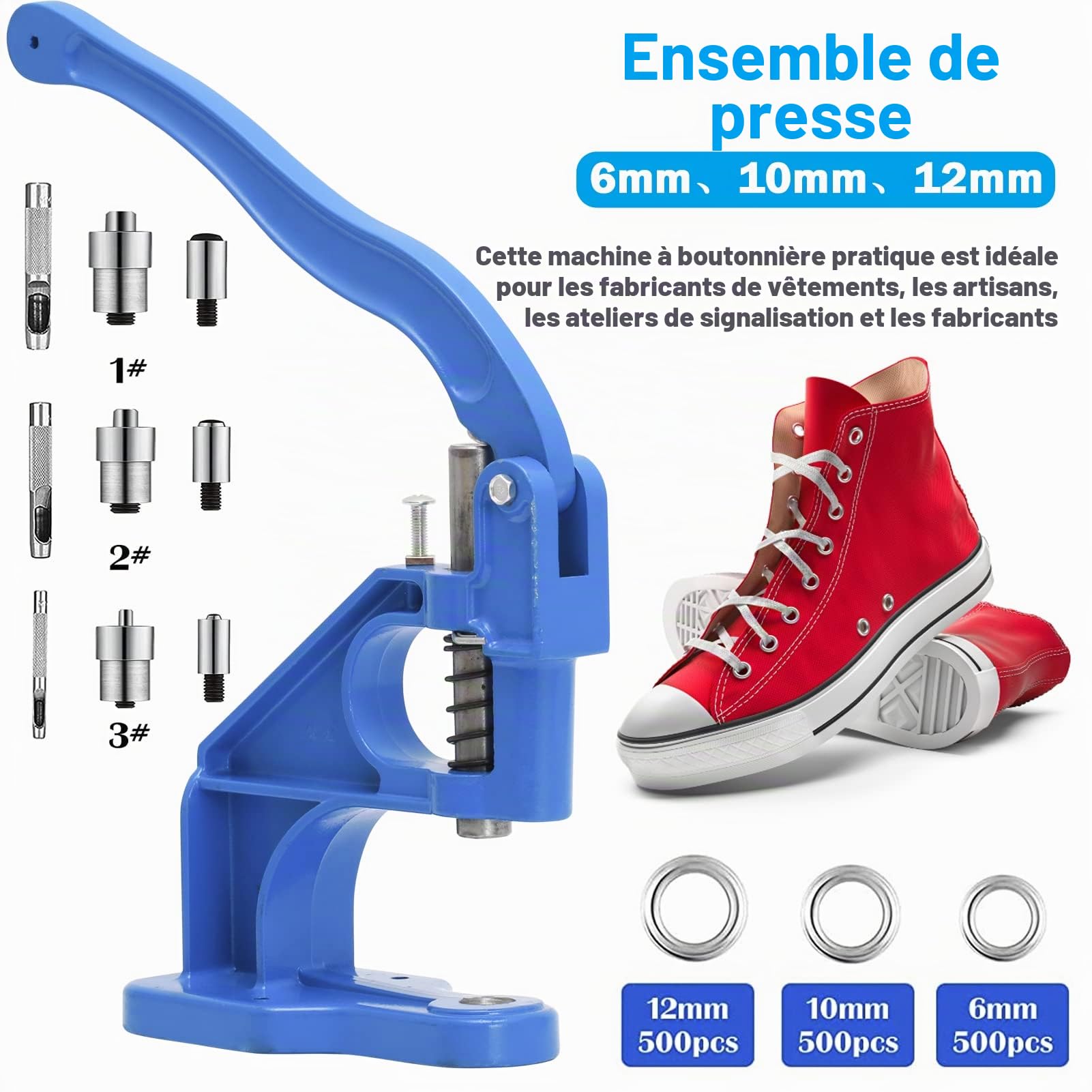 Machine à œIllets, Pince à œIllets, Presse à Boutons Pression avec 3 Matrices De DéCoupe Et 1500 œIllets De 6/10/12 Mm Et 3 Perforateurs pour Tissu, Cuir, Rivets(Bleu)