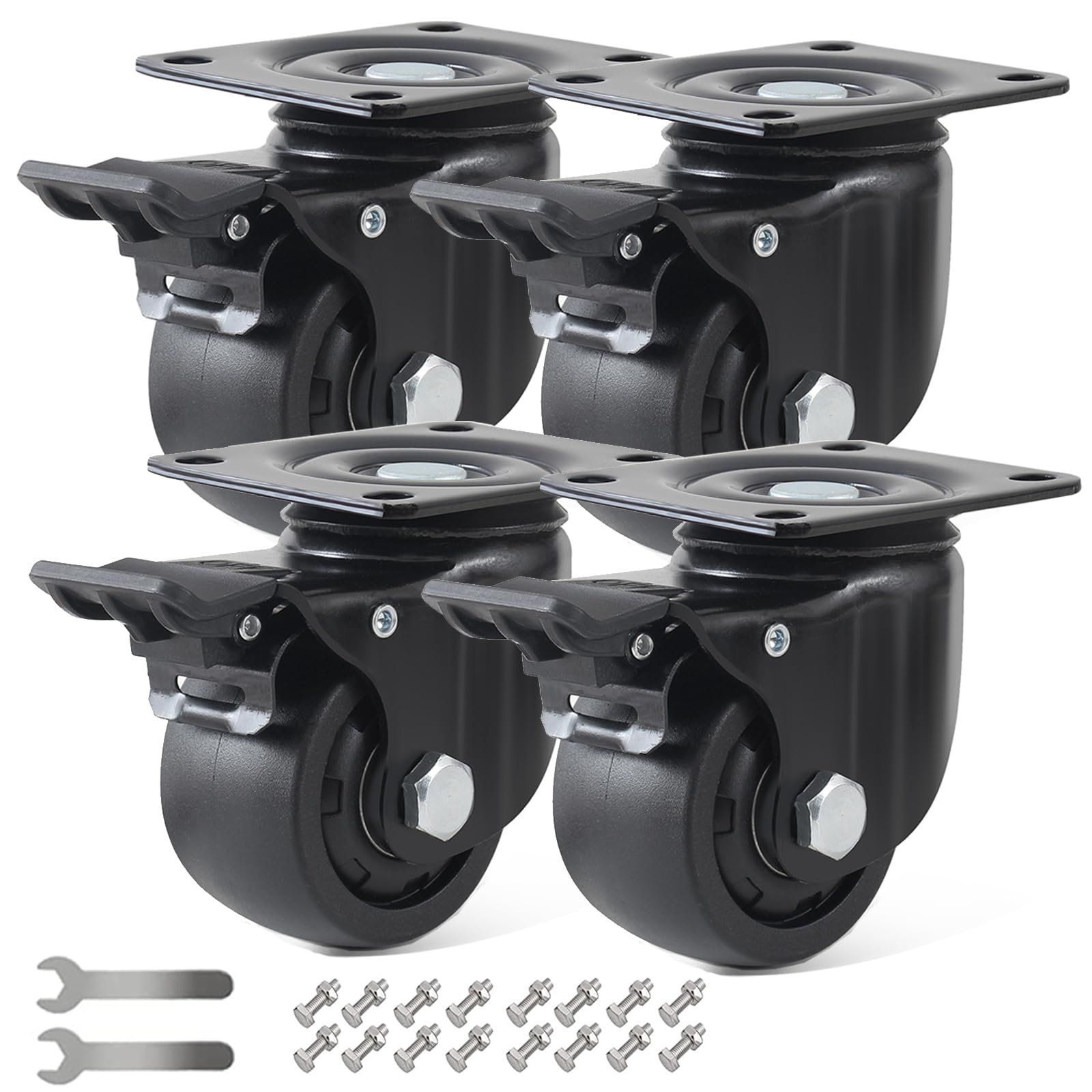 IQWTU Heavy Duty Castors with Brake, 75 mm Swivel Castors Load Capacity 2000 kg with Screws, Double Bearings, Furniture Castors, Transport Castors, 360° Rotation, Nylon Wheels for Furniture, Quiet and