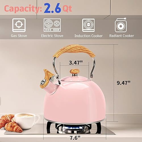 Miniatura 3 de Hervidor de té, estufa silbante de 2.6 cuartos de galón, tetera para estufa, acero inoxidable de grado alimenticio, mango de madera (rosa), con