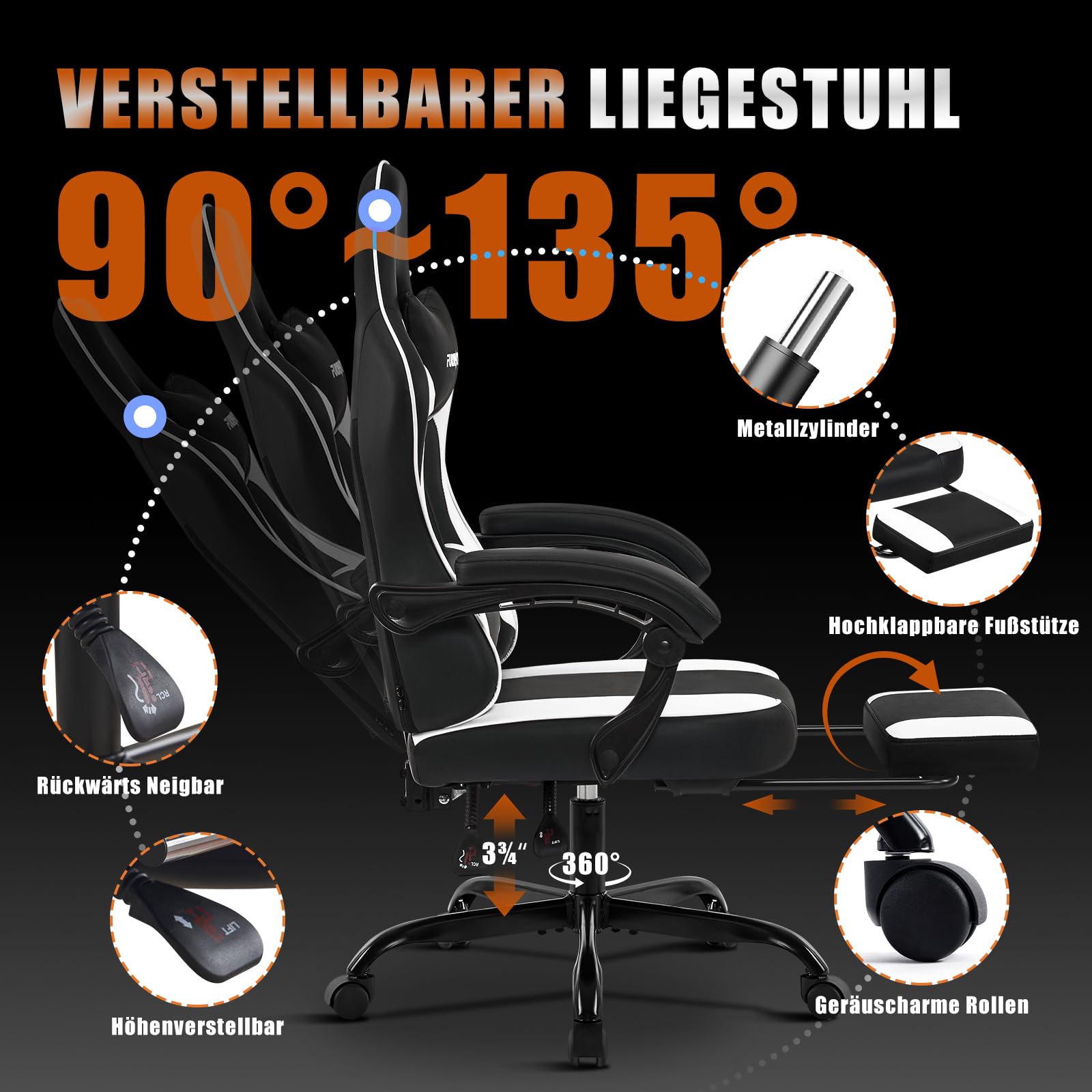 Hellove Chaise Gaming Ergonomique avec Repose-Pieds, Fauteuil de Bureau Réglable en Cuir PU, Support Lombaire, Accoudoirs Synchronisés, pour Adultes et Adolescents, Noir et Blanc