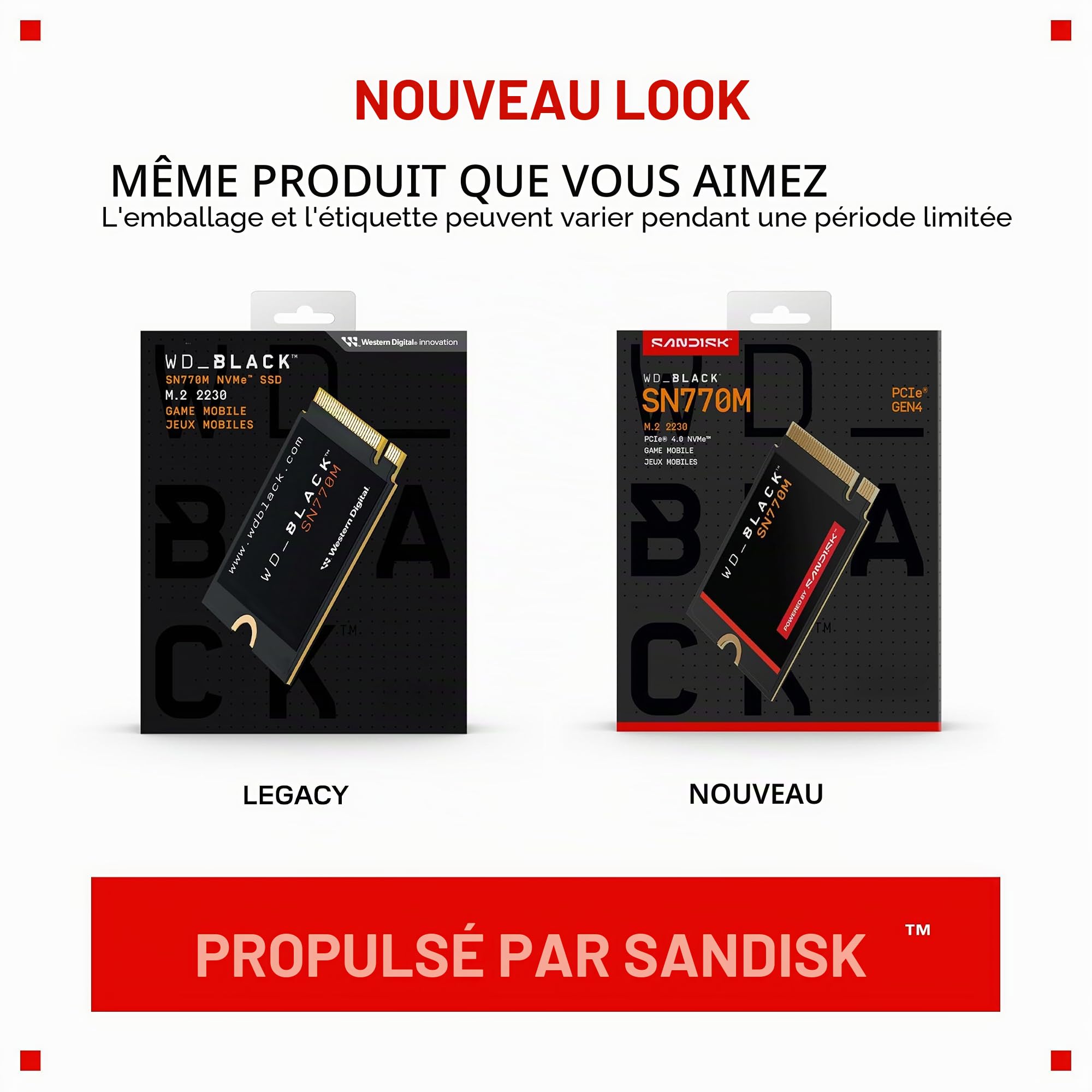 WD_Black WDBDNH0010BBK-WRSN SN770M M.2 2230 NVMe SSD pour appareils de Jeu Portables, Vitesses jusqu'à 5 150 Mo/s, TLC 3D NAND, idéal pour Steam Deck et Microsoft Surface